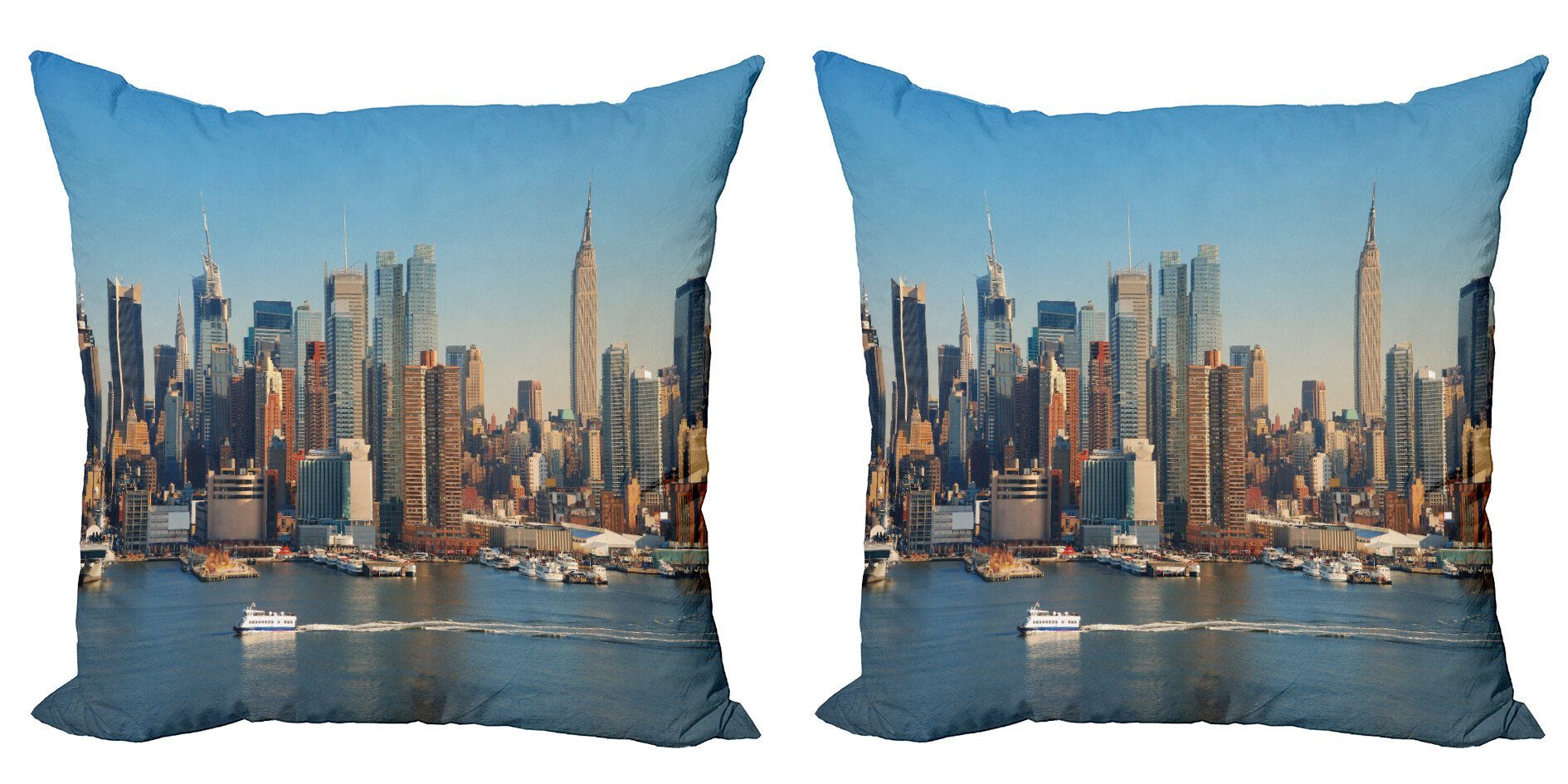 Digitaldruck, Doppelseitiger Skyline-Fluss-Landschaft NYC Stück), (2 Modern Abakuhaus Kissenbezüge Städtisch Accent