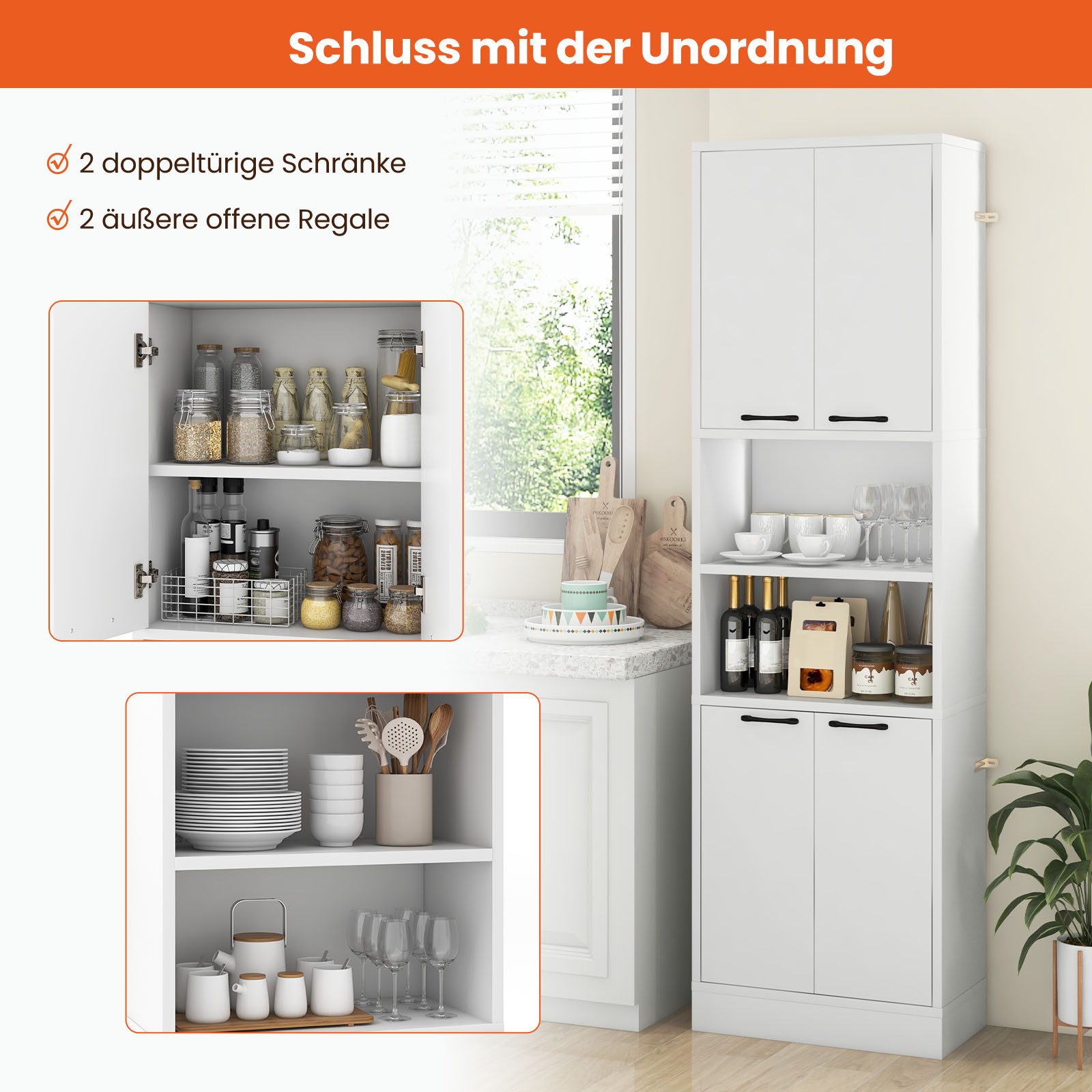 COSTWAY Küchenbuffet Hochschrank mit Türen, Regalen 56x30x190 cm – Bild 4 von 5