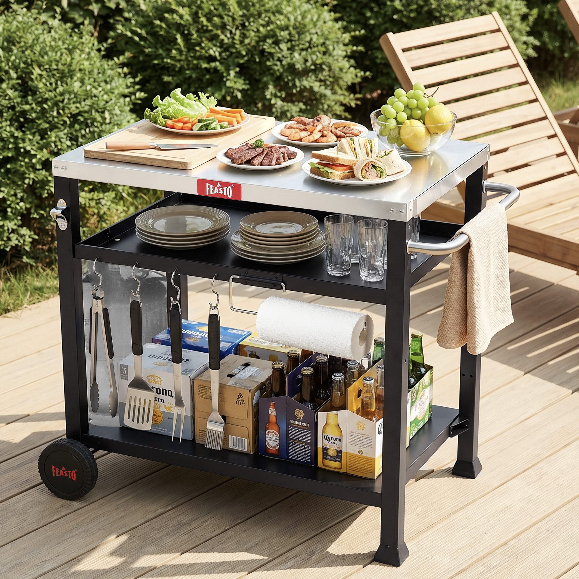 Feasto Servierwagen Multifunktionaler Grillwagen für Garten & BBQ, Grillablagetisch, Grilltisch mit Edelstahlplatt, Küchenwagen, Werkzeugwagen