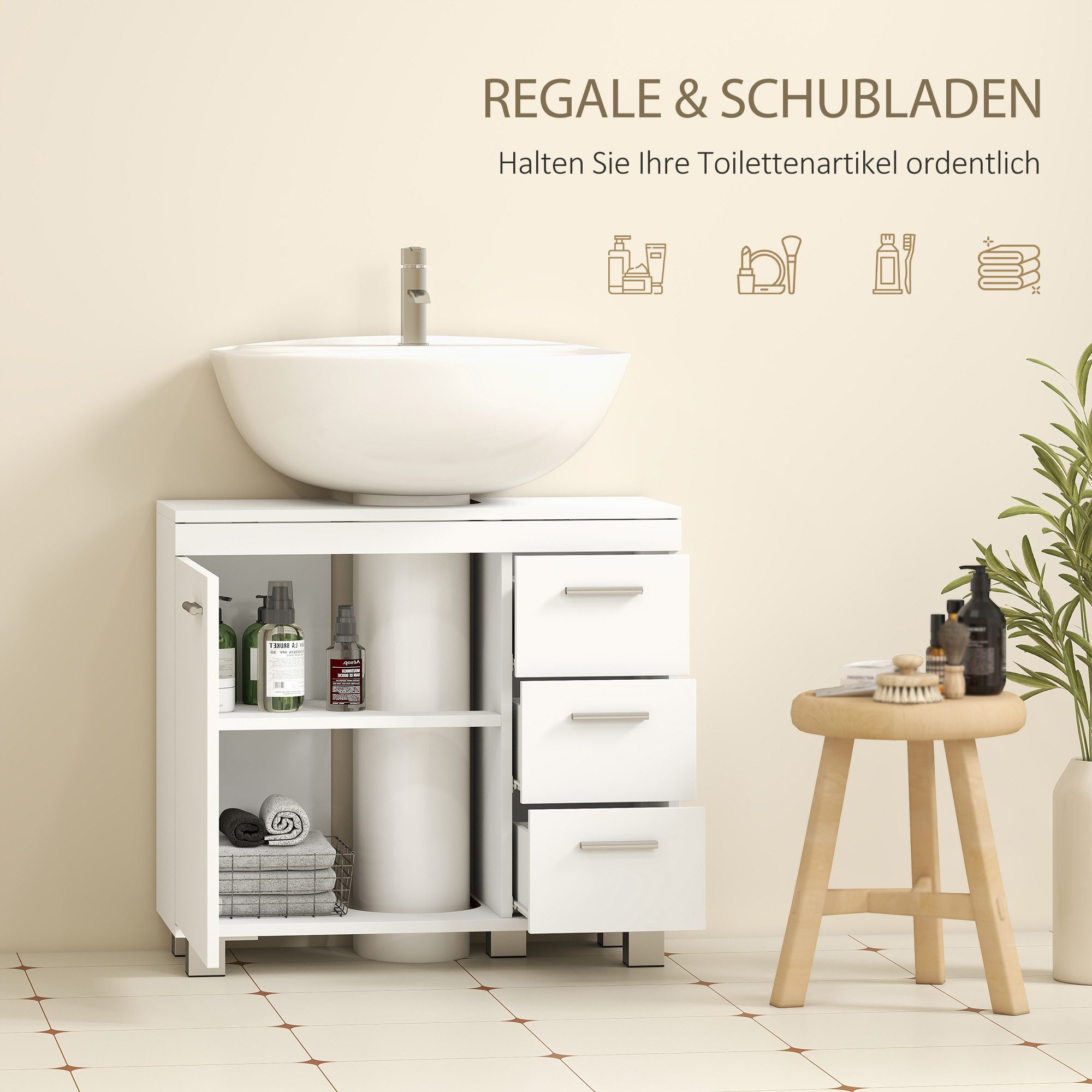 HOMCOM Waschbeckenunterschrank Unterschrank mit Schubladen Soft-Close Tür Badschrank (Unterschrank, 1-St., Badezimmerschrank) für Badezimmer 70 x 30 x 64 cm Wei – Bild 5 von 5