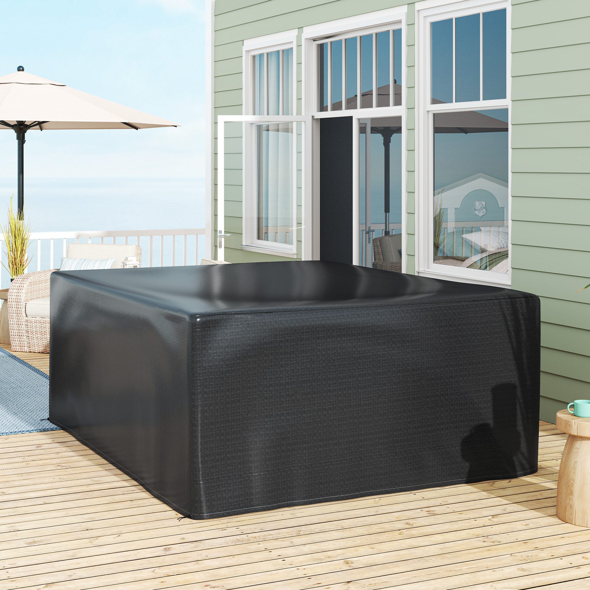 Outsunny Gartenmöbel-Schutzhülle mit Zugseil inkl. Schnalle und 4 Ösen (Abdeckung, 1-St., Abdeckhaube), 235 x 190 x 90cm Schwarz
