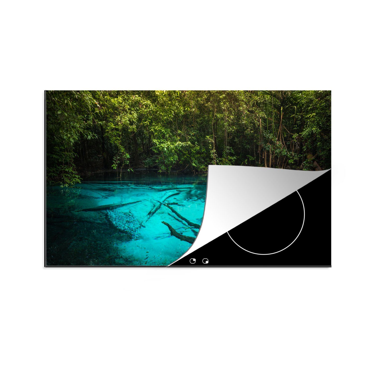MuchoWow Herdblende-/Abdeckplatte Leuchtend blauer See im Dschungel, Vinyl, (1 tlg), 83x51 cm, Ceranfeldabdeckung, Arbeitsplatte für küche
