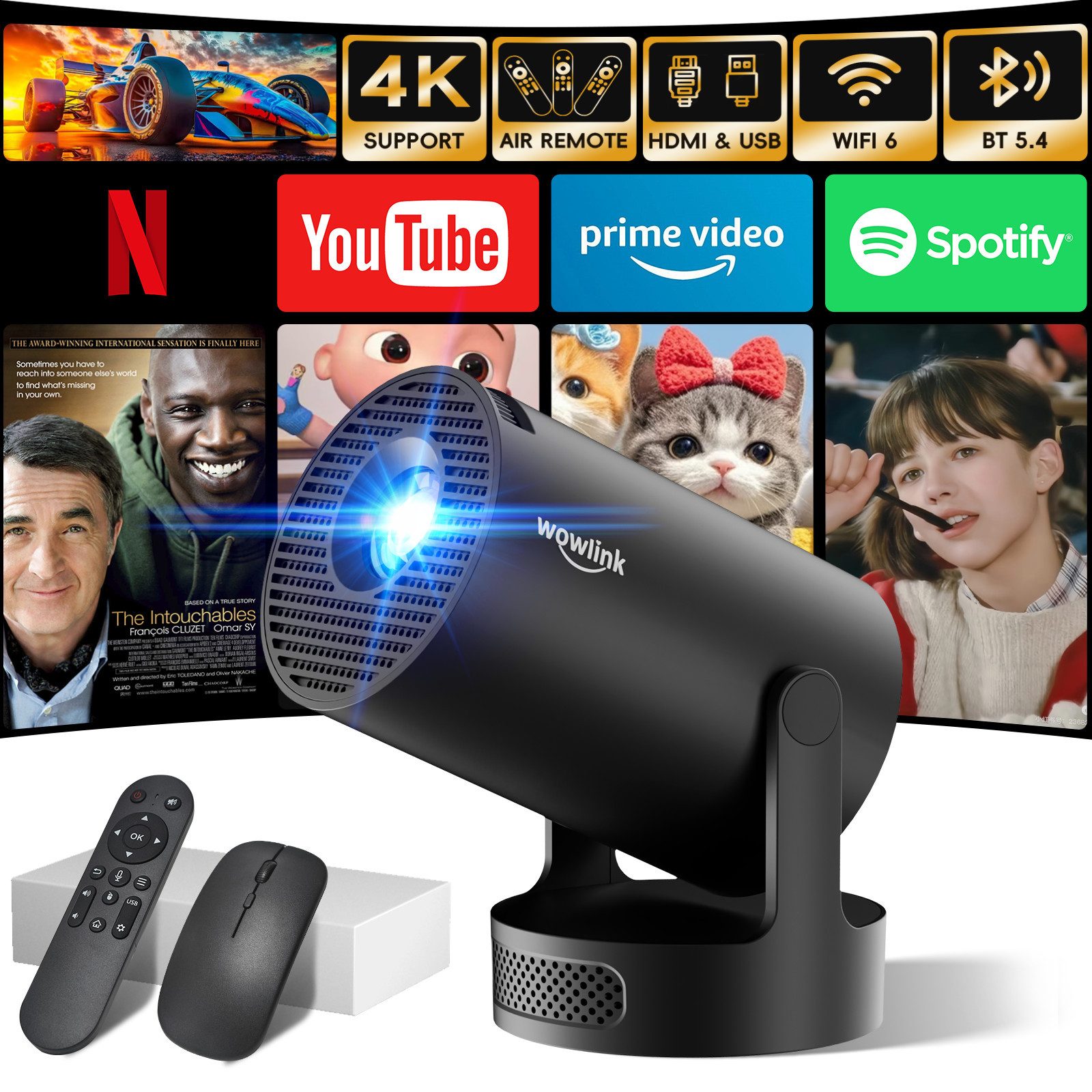 wowlink Mini Beamer Unterstützt 4K 1080P, Projektor mit WiFi 6, Bluetooth 5.4 Beamer (200 lm, 10000:1, 4K px, Automatische Trapezkorrektur mit HDMI/TV Stick/Laptop)
