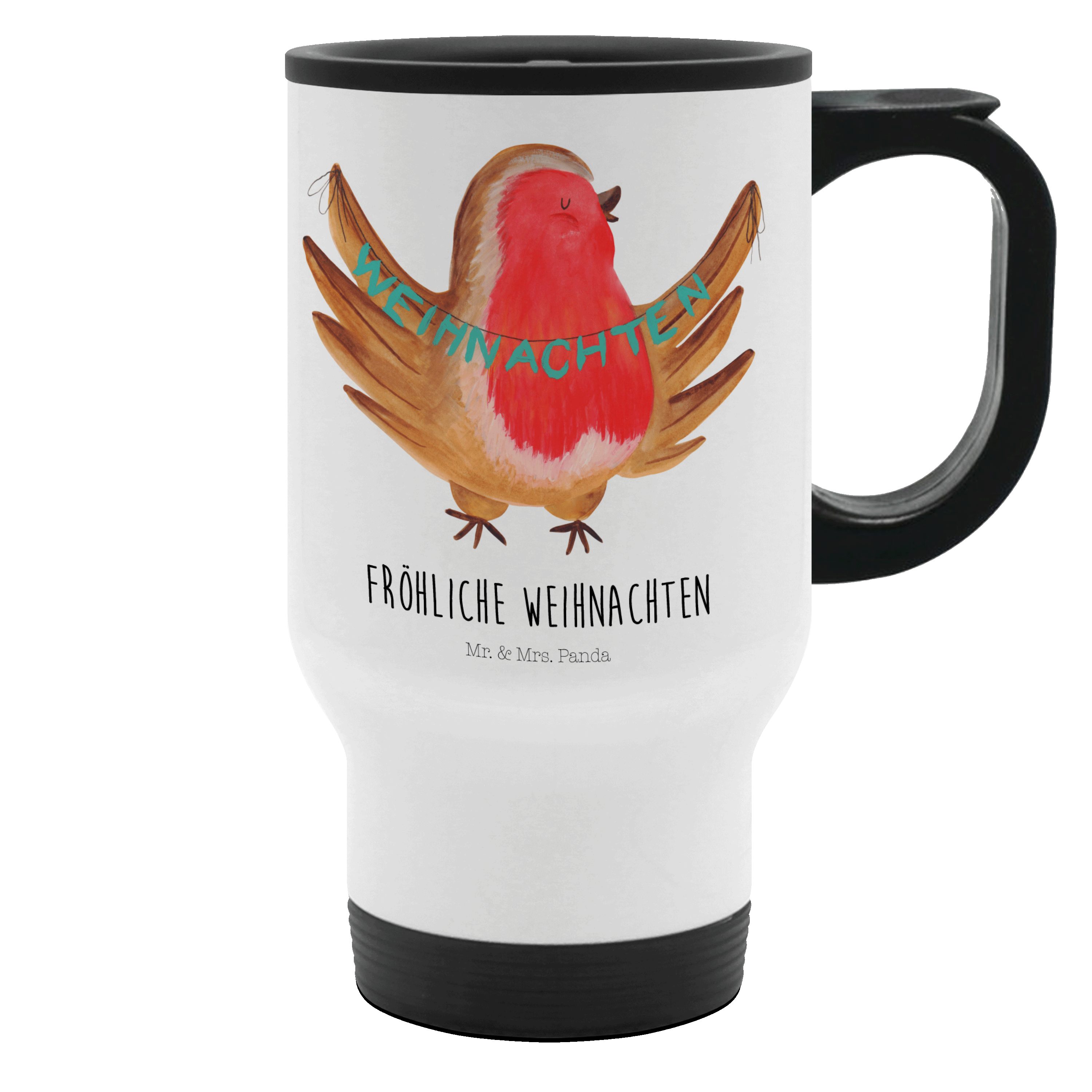 Mr. & Mrs. Panda Thermobecher Rotkehlchen Weihnachten, Thermobecher, Weiß, To Go Becher, Kaffeebech, 1-tlg., Edelstahl