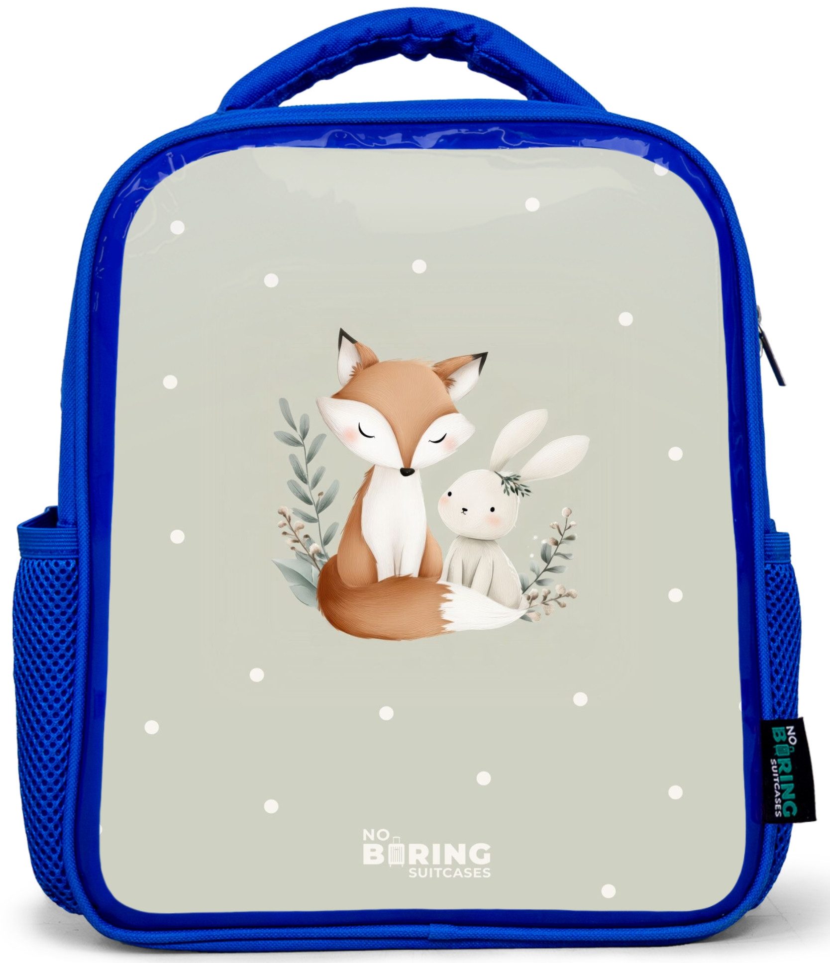 Rucksack Blau - Fuchs und Kaninchen umgeben von grünen Blättern und Punkten