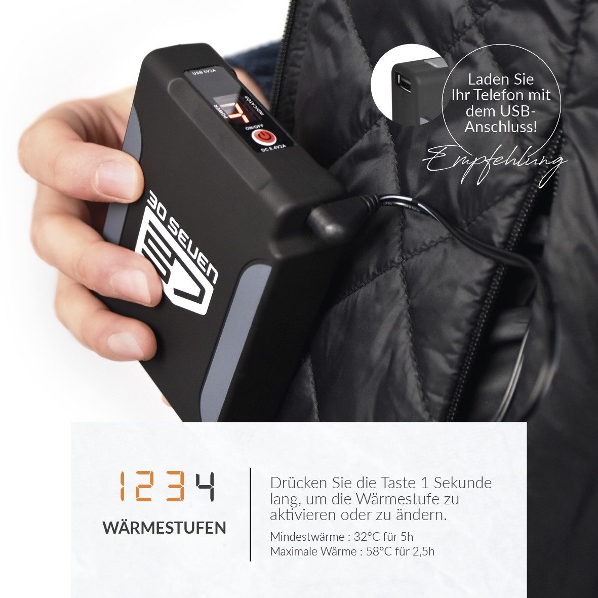 30seven Steppjacke beheizte Steppjacke mit verstellbarer Kapuze - Khaki 7,4V Set inkl. Powerbank & Ladegerät