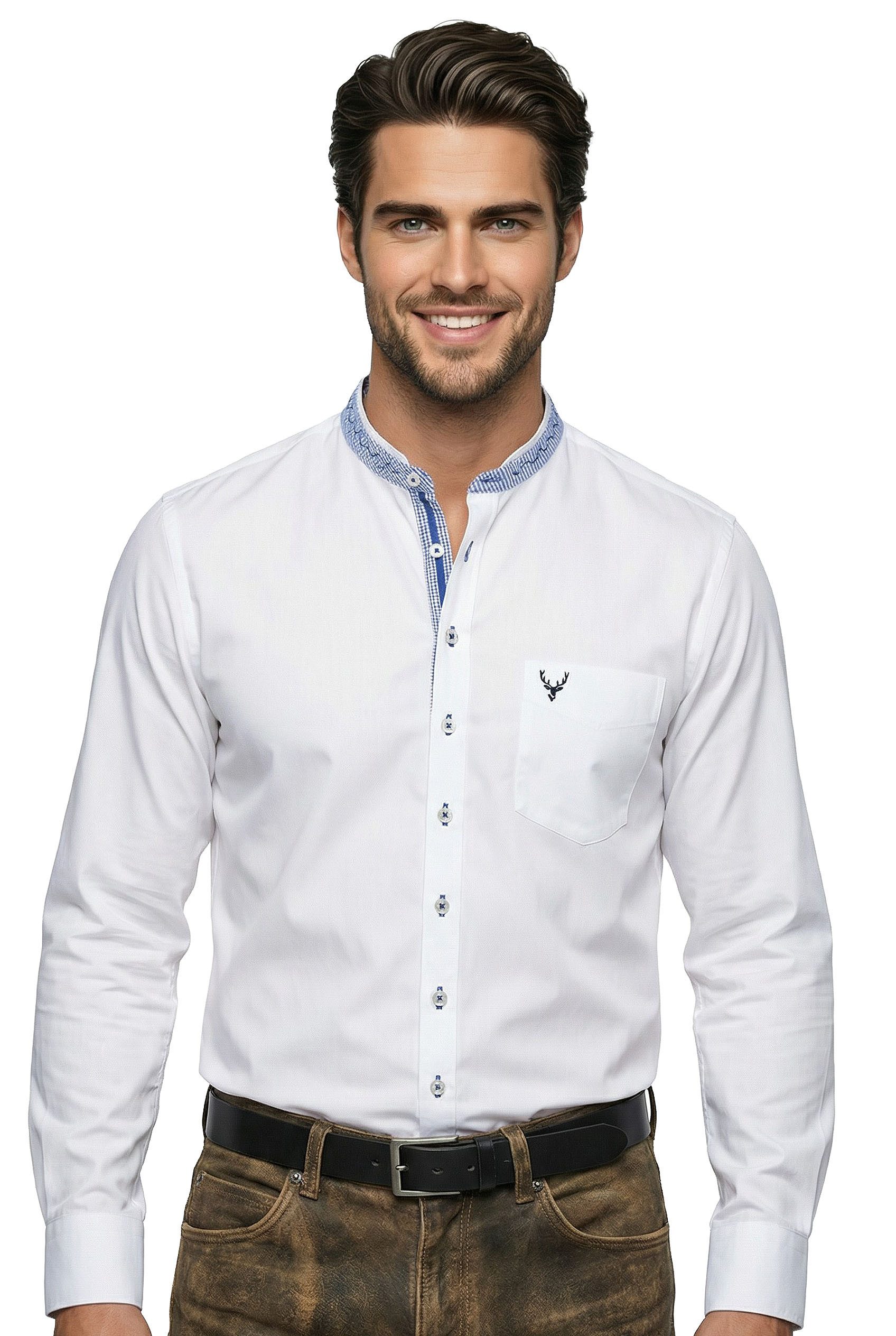 Moschen-Bayern Trachtenhemd Trachtenhemd Herren SLIM FIT Stehkragen Hirsch Langarm Weiß-Blau