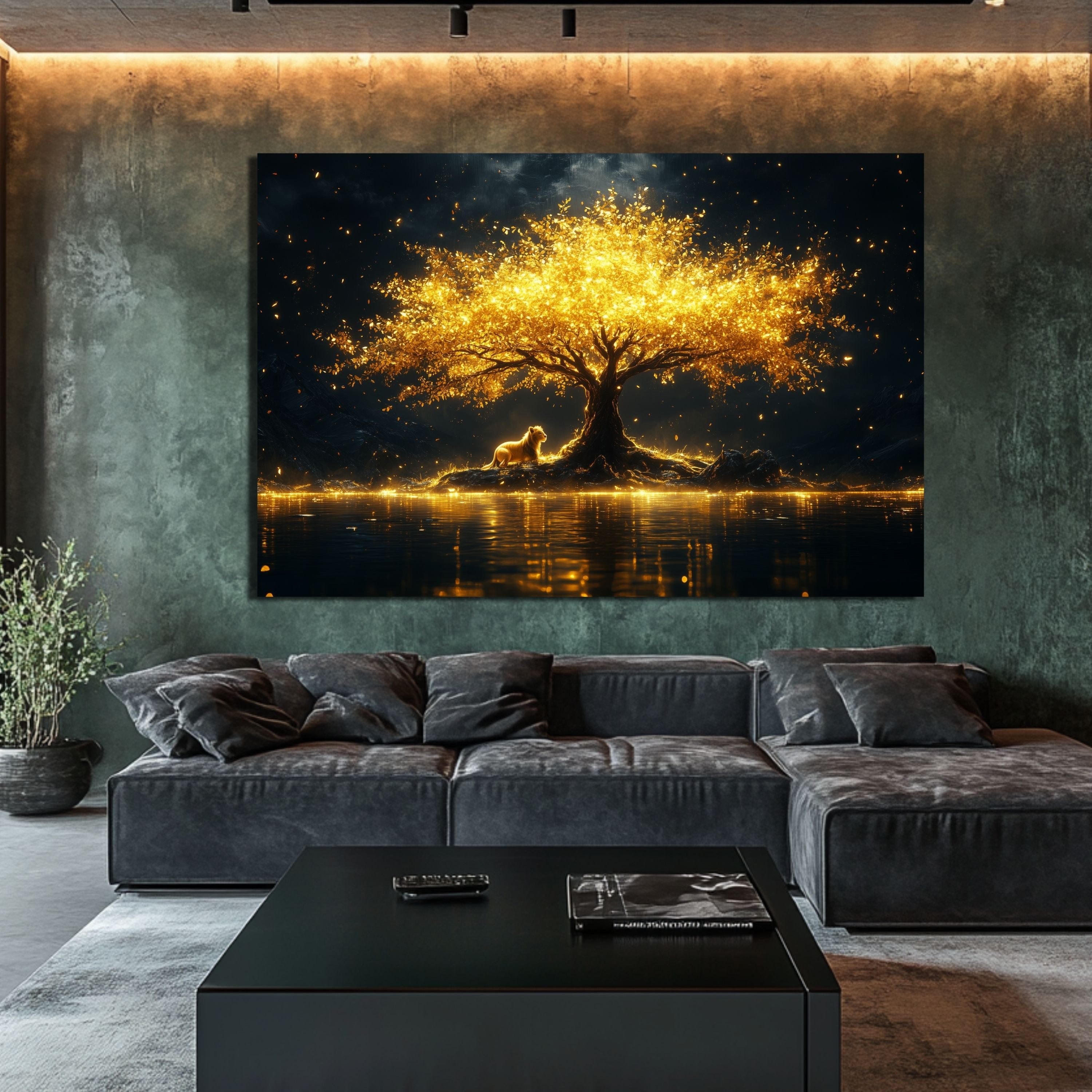 DARO Design Leinwandbild Modern Abstrakt Wandbilder XXL Wandbild Wand Deko Leinwand Bilder, (Tiger am goldenen Baum - Bild groß Wohnzimmer Esszimmer Schlafzimme – Bild 3 von 5