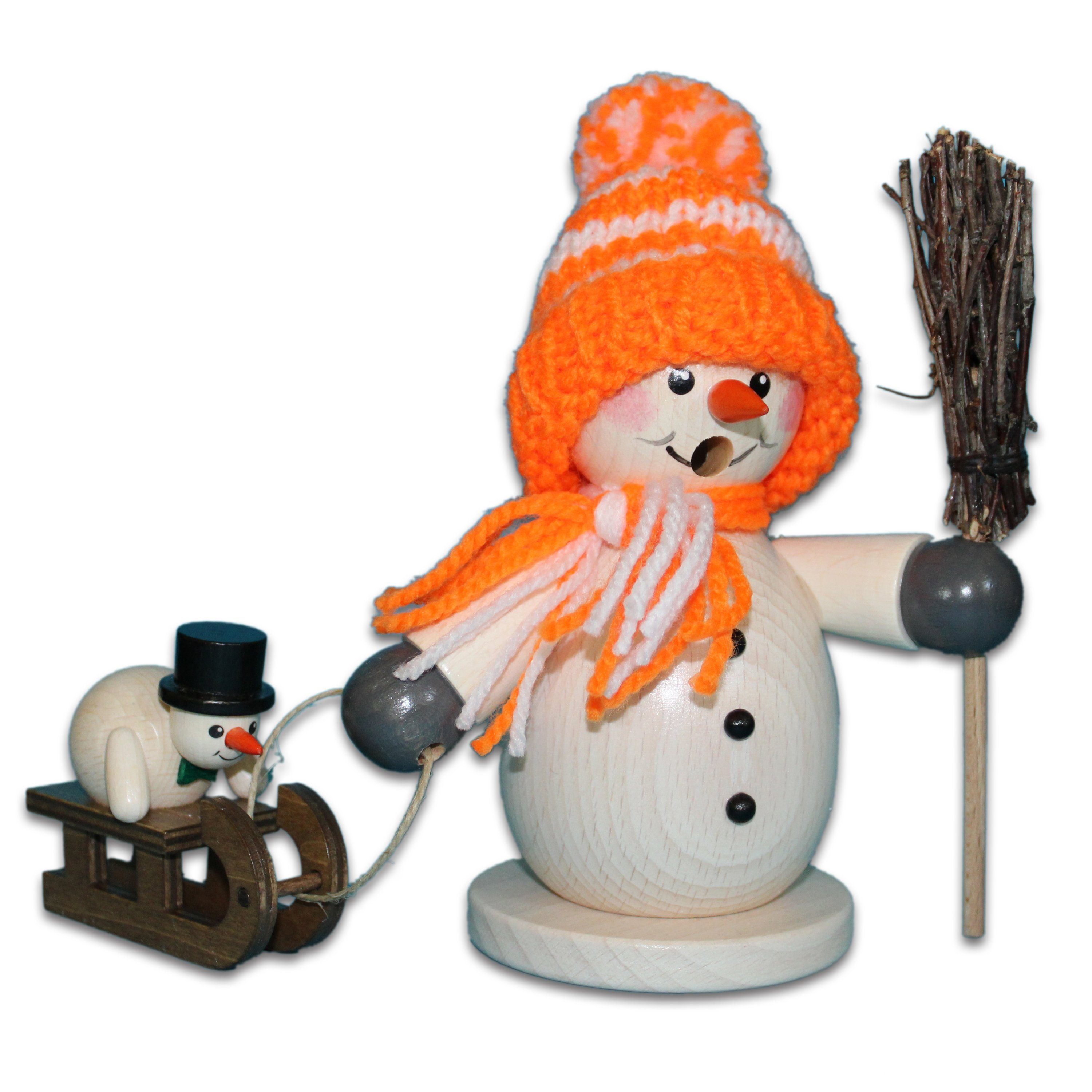 Räuchermännchen Germany Winterkleidung Orangener mit - 15cm Made in Schneemann -, Holz Egermann aus - Holzwaren Kind und mit - Besen