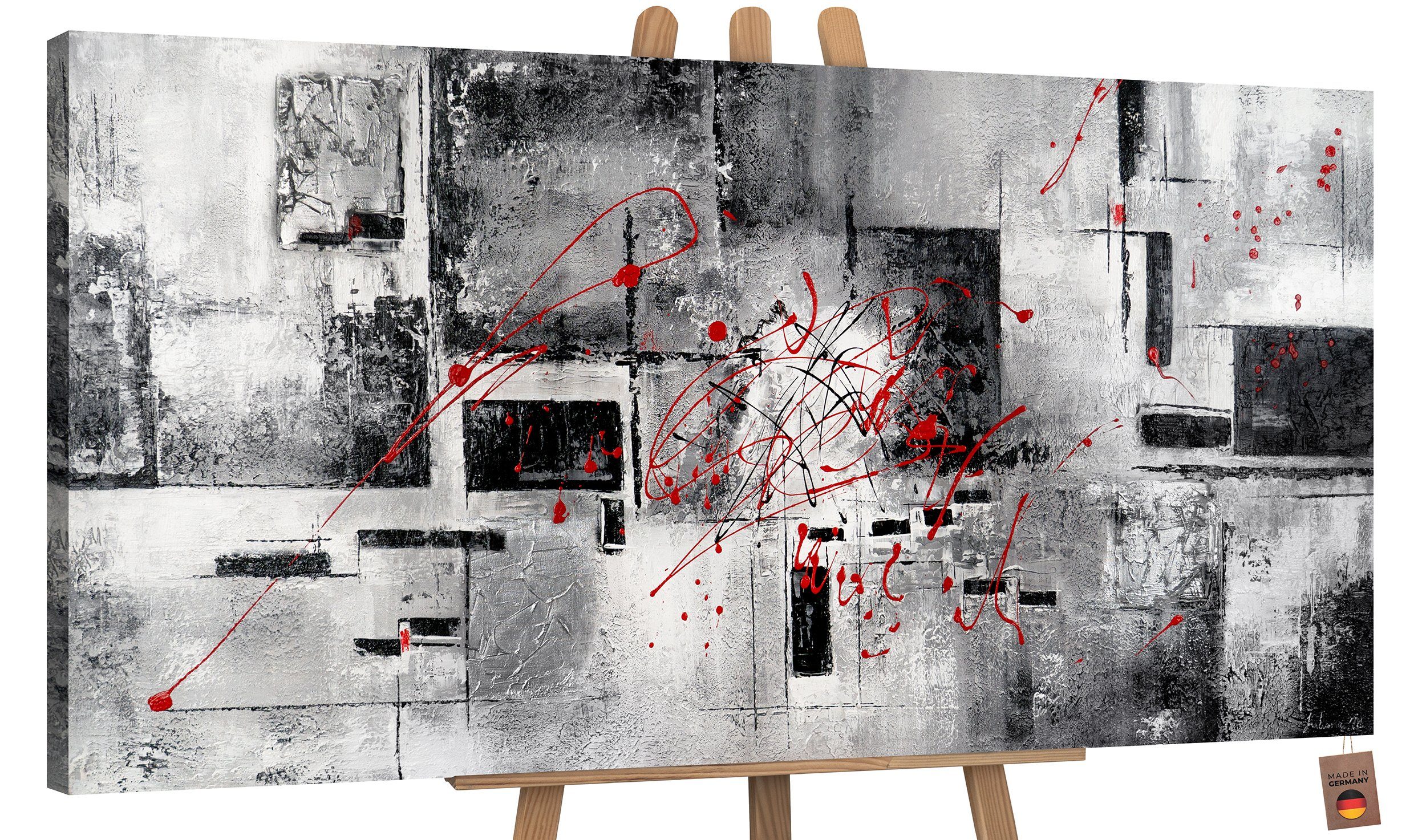 YS-Art Gemälde Courage, Abstrakt, Abstraktes auf Leinwand Bild Handgemalt Schwarz Weiß Rot Ohne Schattenfugenrahmen