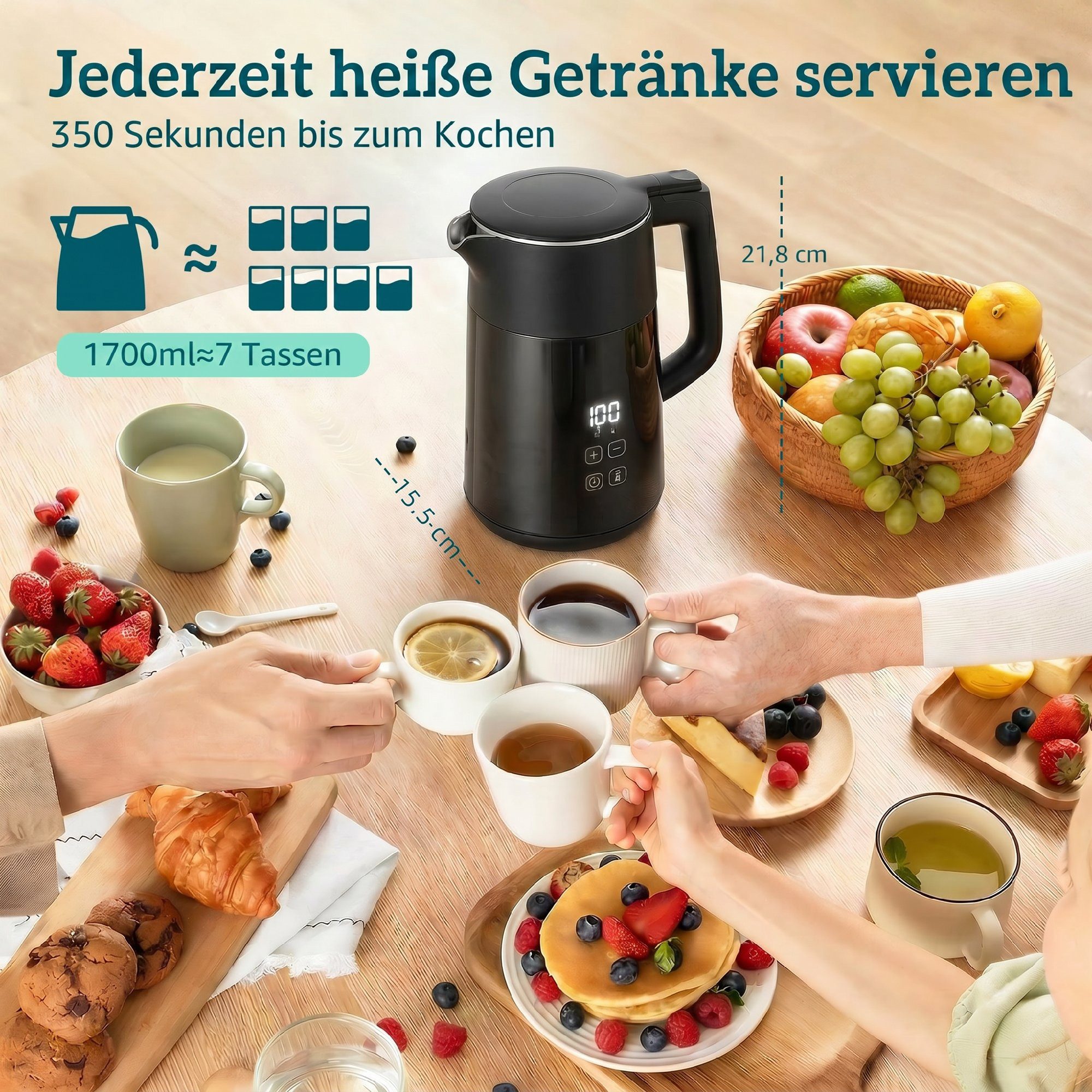HOMCOM Wasserkocher Elektrischer Schnellkochend, 2200W, mit LED-Display, Schwarz, 1.7 l, 3000 W, PTFE-freier Edelstahl, elektronische Temperatureinstellung – Bild 4 von 5