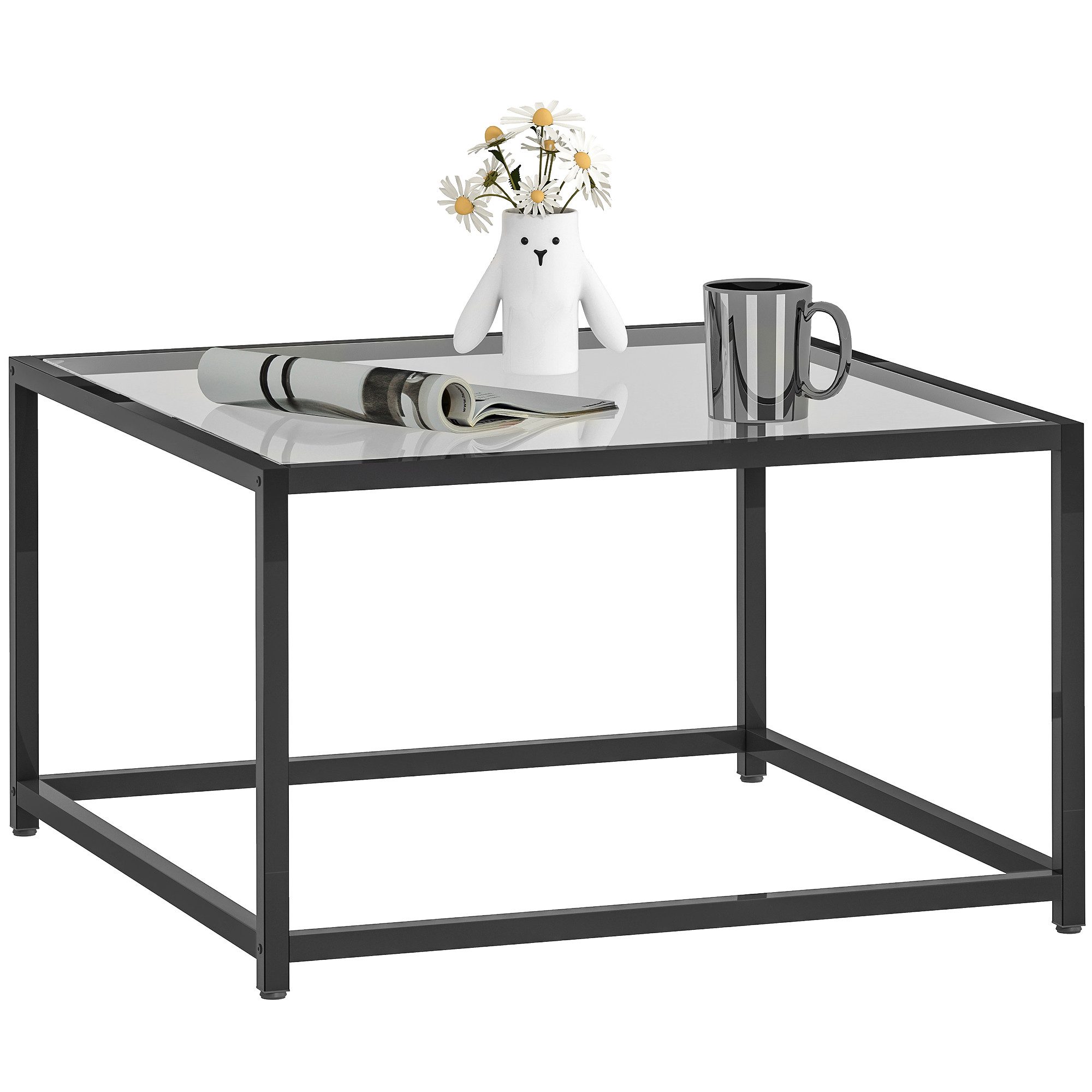 HOMCOM Beistelltisch mit Hartglas-Tischplatte (Wohnzimmertisch, 1-St., Quadratisch Nachttisch), Industrieller Chic mit gehärtetem Glas und Stahlrahmen.