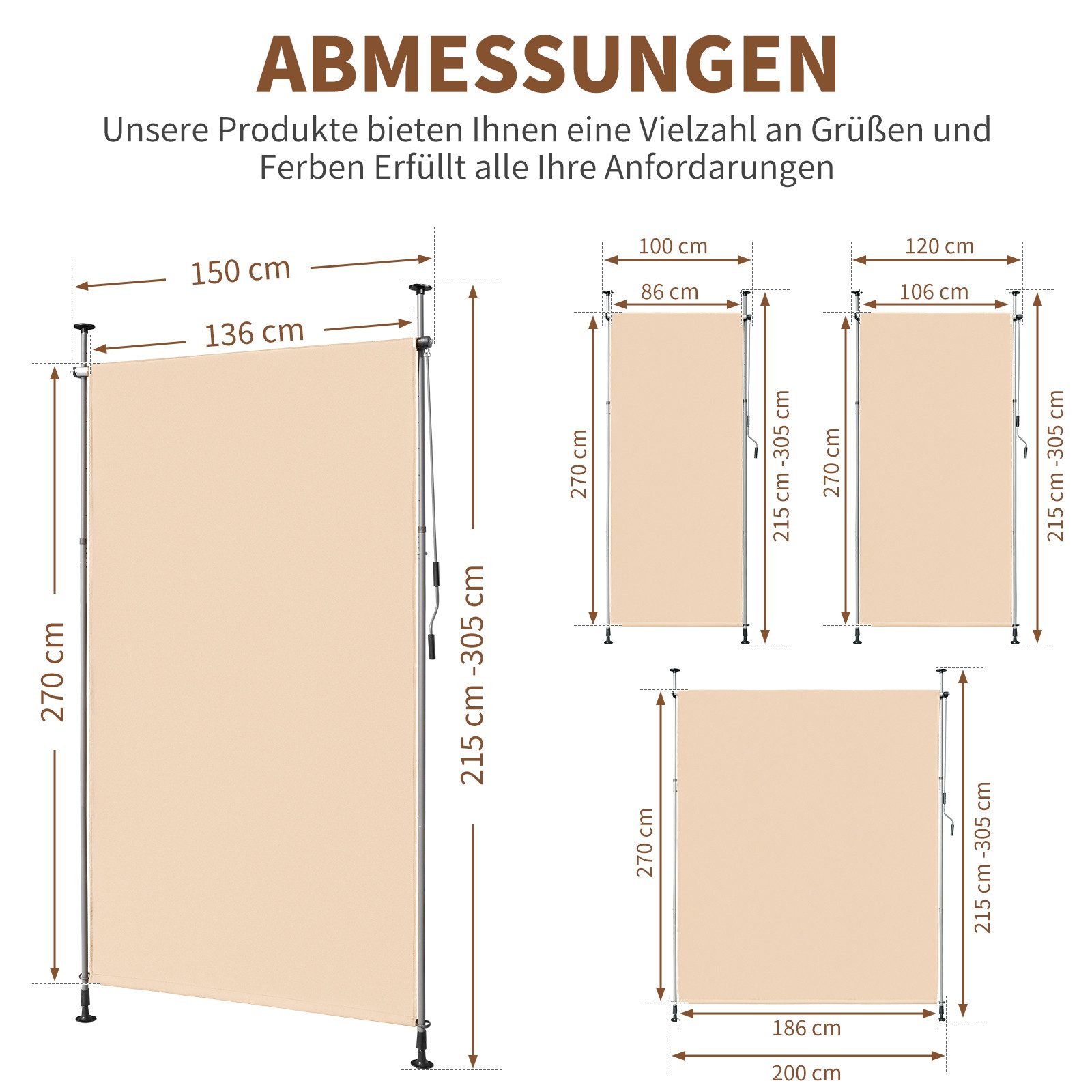 LALAHO Senkrechtmarkise Klemmmarkise Außen Balkon Sonnenschutz Klemm-Markisen Sichtschutzrollo Terrasse Garten Wetterfest mit Handkurbel – Bild 2 von 5