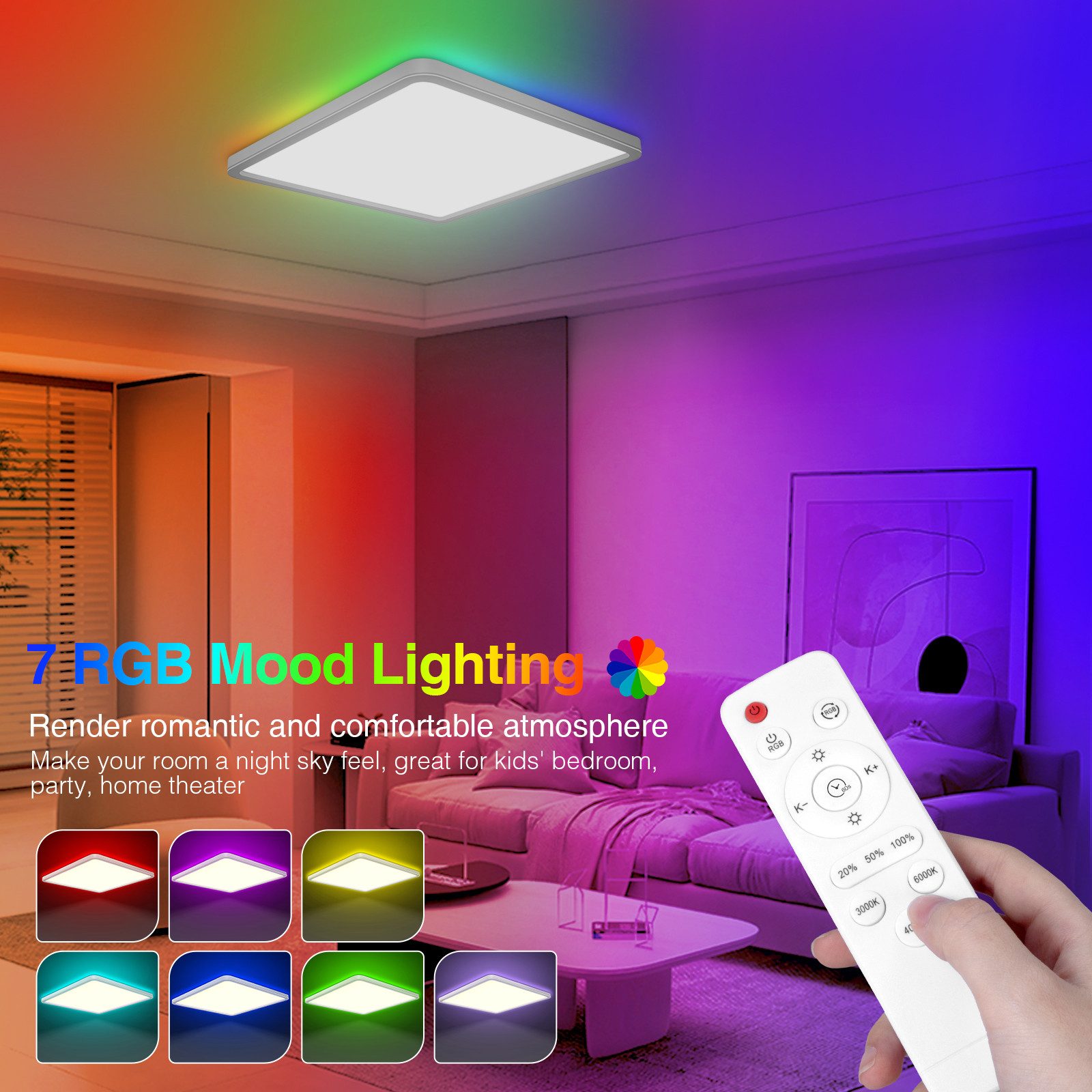 POPOLIC LED Deckenleuchte 24W RGB Farbwechsel Deckenbeleuchtung 3000K-6500K,dimmbar, 3200 lm, Badezimmer-Deckenleuchte mit Fernbedienung,Quadrat