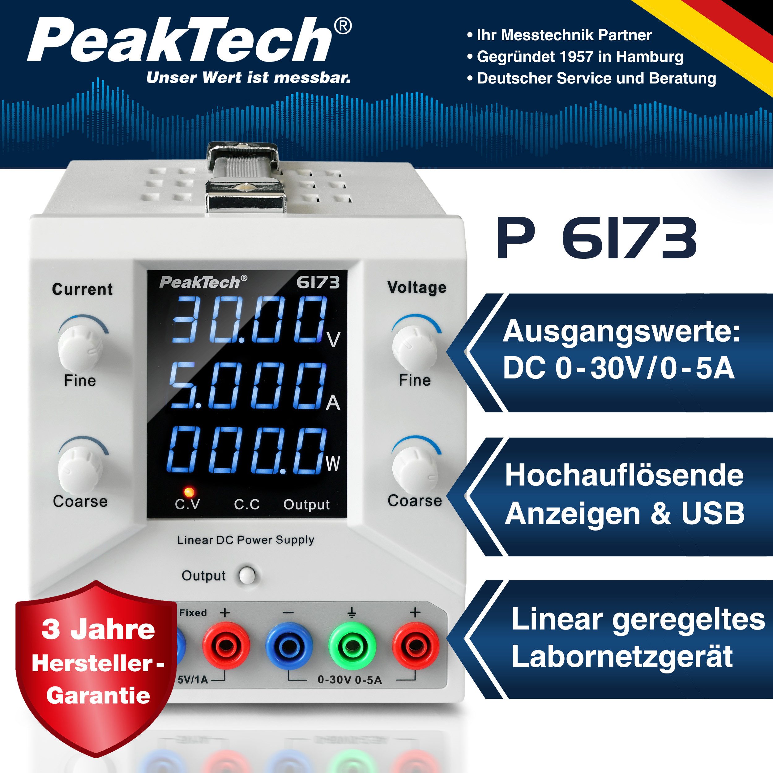 PeakTech Digital Labornetzgerät 0-30 V / 0-5 A DC & USB Labor-Netzteil