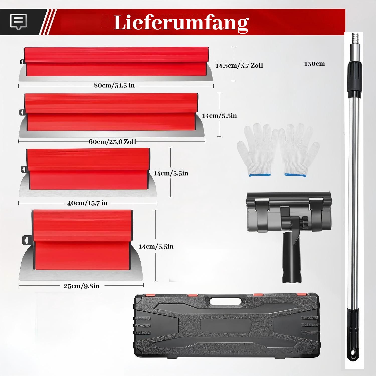 BlingBin Flächenspachtel Flächenspachtel-Set mit Transportkoffer, Klingen 25, 40, 60 und 80 cm (8er Set, 8-St., Schaber 25 + 40 + 60 + 80 cm) aus Edelstahl, ausziehbare Teleskopstange mit Adapter für Wandbau