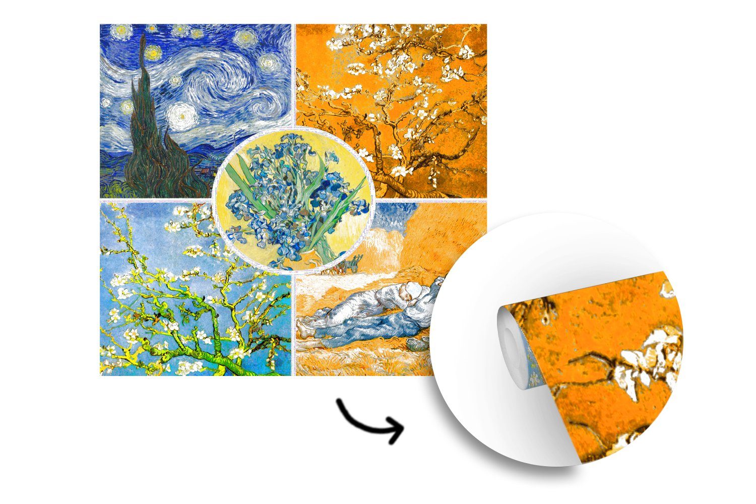 St), Gogh Van Collage Schlafzimmer - - Küche, Sternennacht, Fototapete für Matt, (4 MuchoWow Fototapete Wohnzimmer bedruckt, Vliestapete