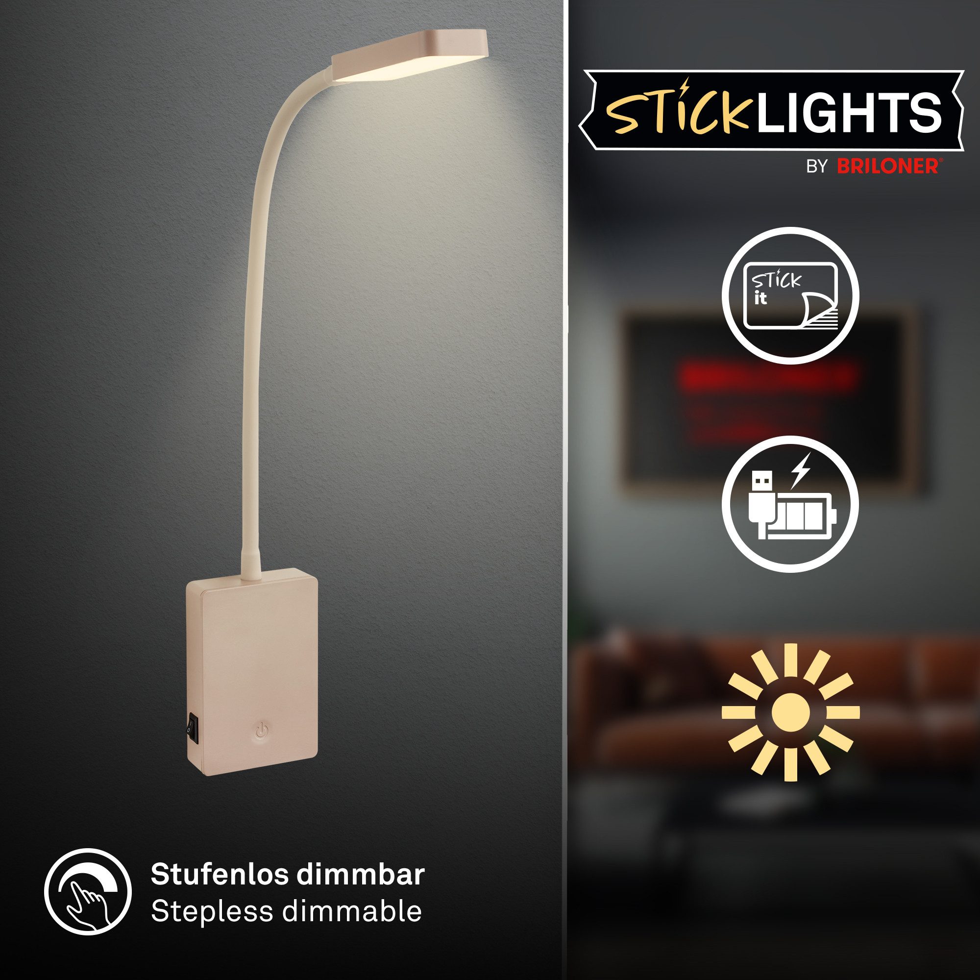 Briloner Leuchten Wandleuchte LED Akku Nachttischlampe zum Kleben Touch USB-C dimmbar, LED fest integriert, Ohne Bohren Bettlampe 7,5x3x56 cm Beige Schwarz Weiß 2W Schlafzimmer