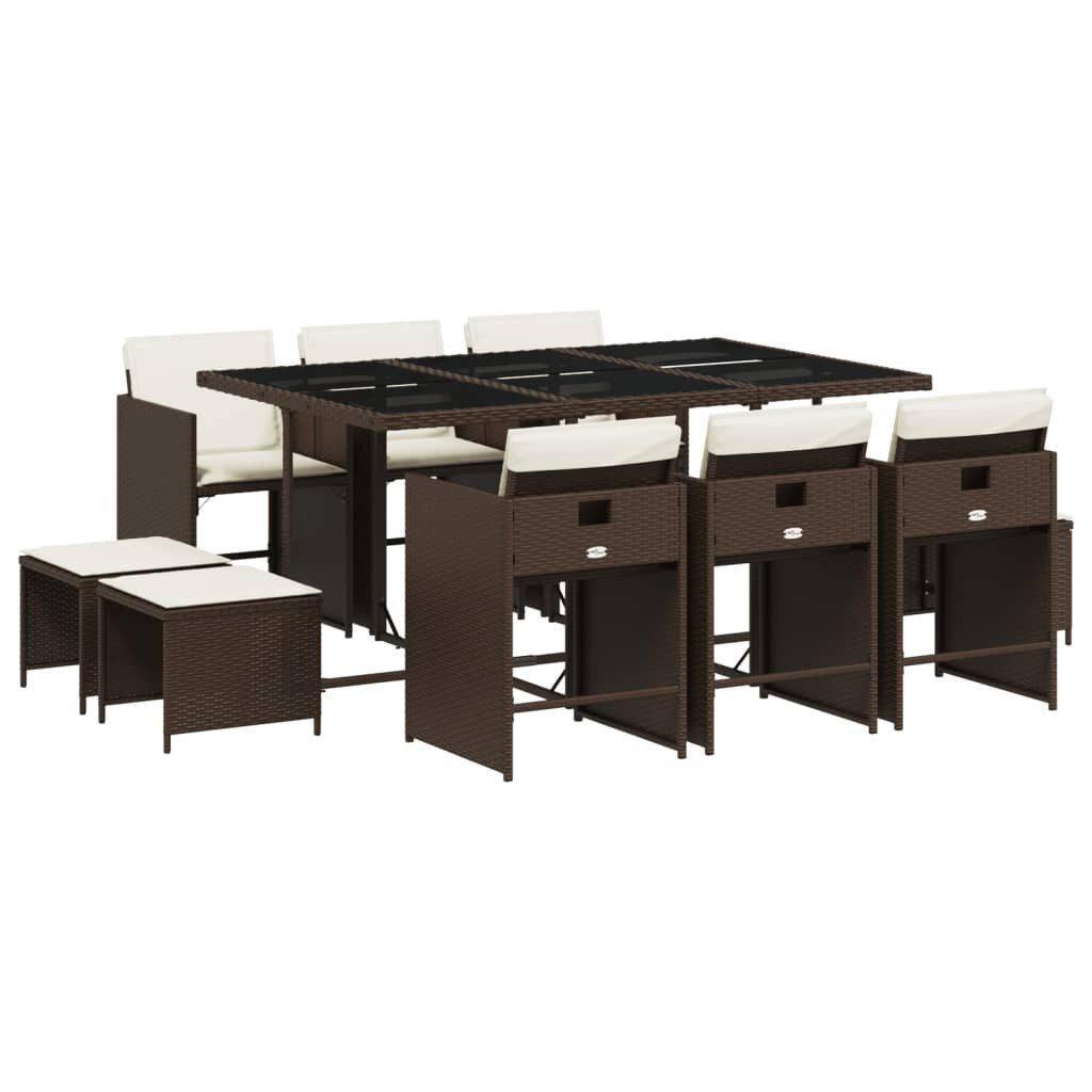 vidaXL Garten-Essgruppe 11-tlg. Garten-Essgruppe mit Kissen Braun Poly Rattan, (10-tlg)