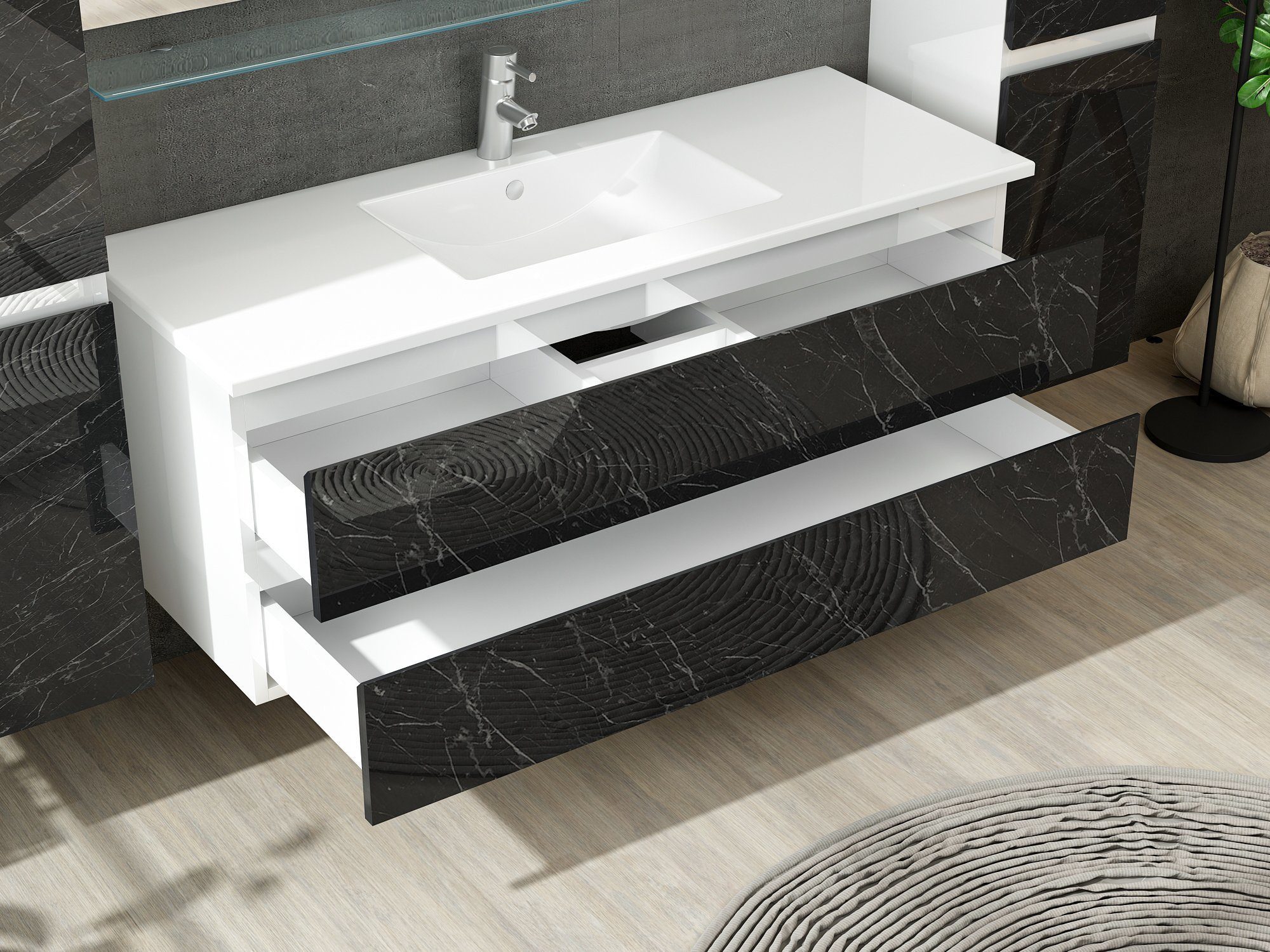 Homeline Badmöbel-Set Luuci 60-120 cm Weiß / Schwarz Marmor Optik badmöbel günstig online kaufen