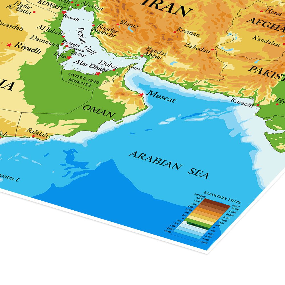 Posterlounge Wandbild Naher Osten - Topographische Karte, Editors Choice, erhältlich als Poster, Leinwandbild, Wandsticker oder Acrylglasbild
