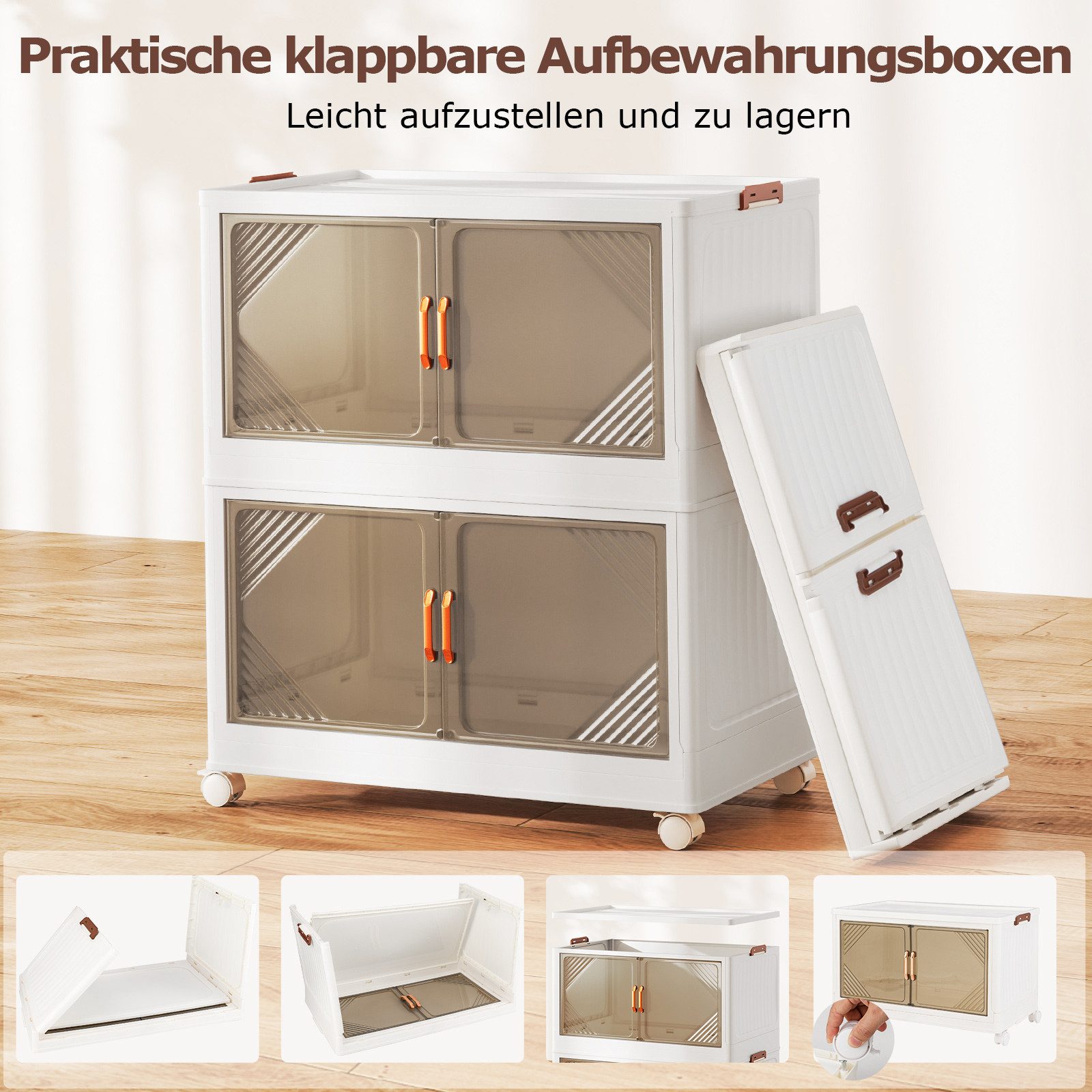 COSTWAY Aufbewahrungsbox, mit Deckel, stapelbare Aufbewahrungsbehälter mit Rollen, klappbar