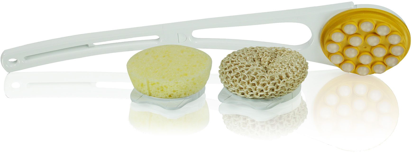 Hydas Körperbürste Körperpflegeset mit 3 Aufsätzen für rundumgepflegte Haut, Die innovative Eincremehilfe mit Schwamm- und Sisalaufsatz