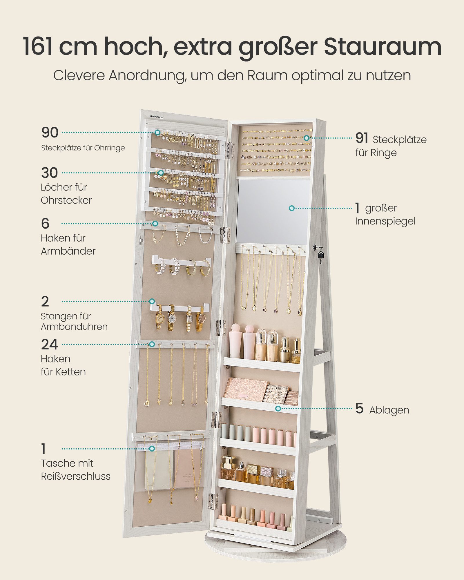 SONGMICS Schmuckschrank Spiegelschrank, mit Ganzkörperspiegel, um 360° drehbar, Geschenkidee Schmuckaufbewahrung, abschließbar, mit Schlüsseln, 54 x 54 x 161 cm – Bild 4 von 5