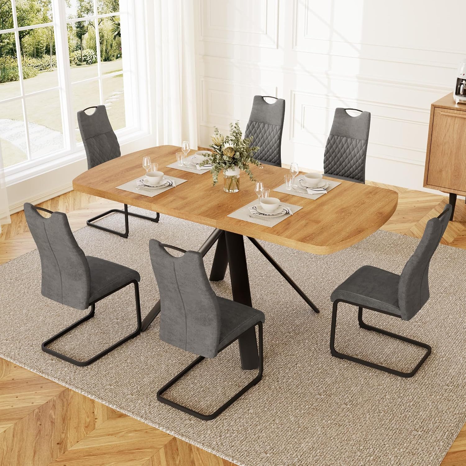 Jiexi Essgruppe Esstisch mit 6 Stühlen Set Ausziehbar, 120-160cm für 4-6 Personen