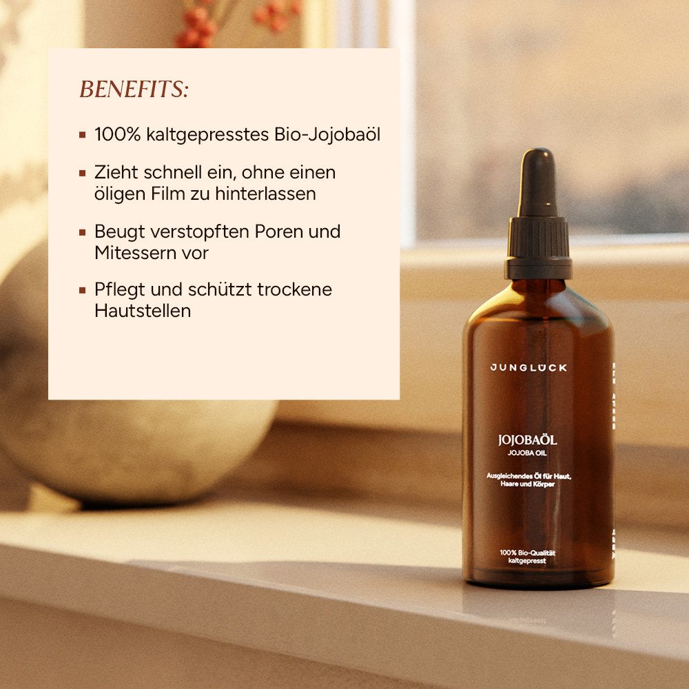 JUNGLÜCK Körperöl Jojobaöl - Kaltgepresst - 100% Bio & Natürlich, 1-tlg., Ausgleichendes Öl für Haut, Haare und Körper