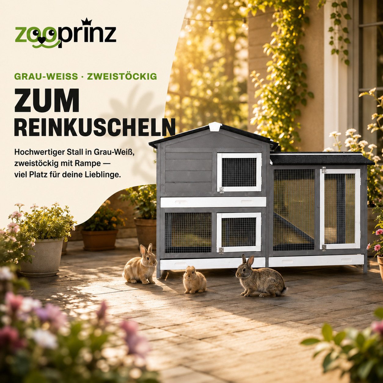 Zooprinz Kleintierstall Rudy mit Auslauf auf Stelzen 145x50x94 cm (BxHxT), Kunststoff Kotschubladen, Grau lasiertes Kiefernholz