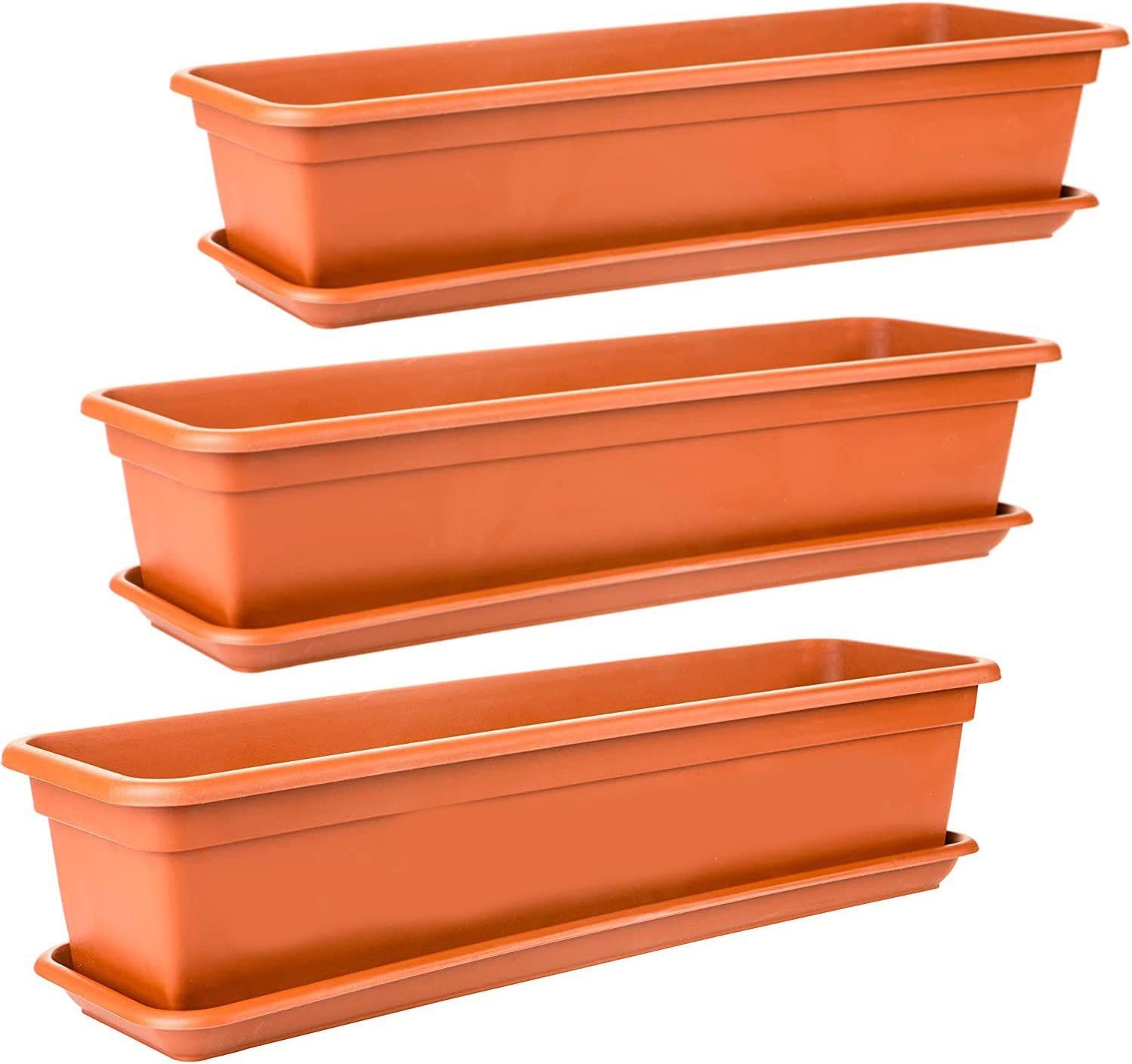 Balkonkasten 80cm), Made (Spar EU Balkon Centi Terracotta 3 Set, mit St., in Kunststoff, hochwertiger Untersetzer, Blumenkasten Blumenkästen, Fensterbank außen