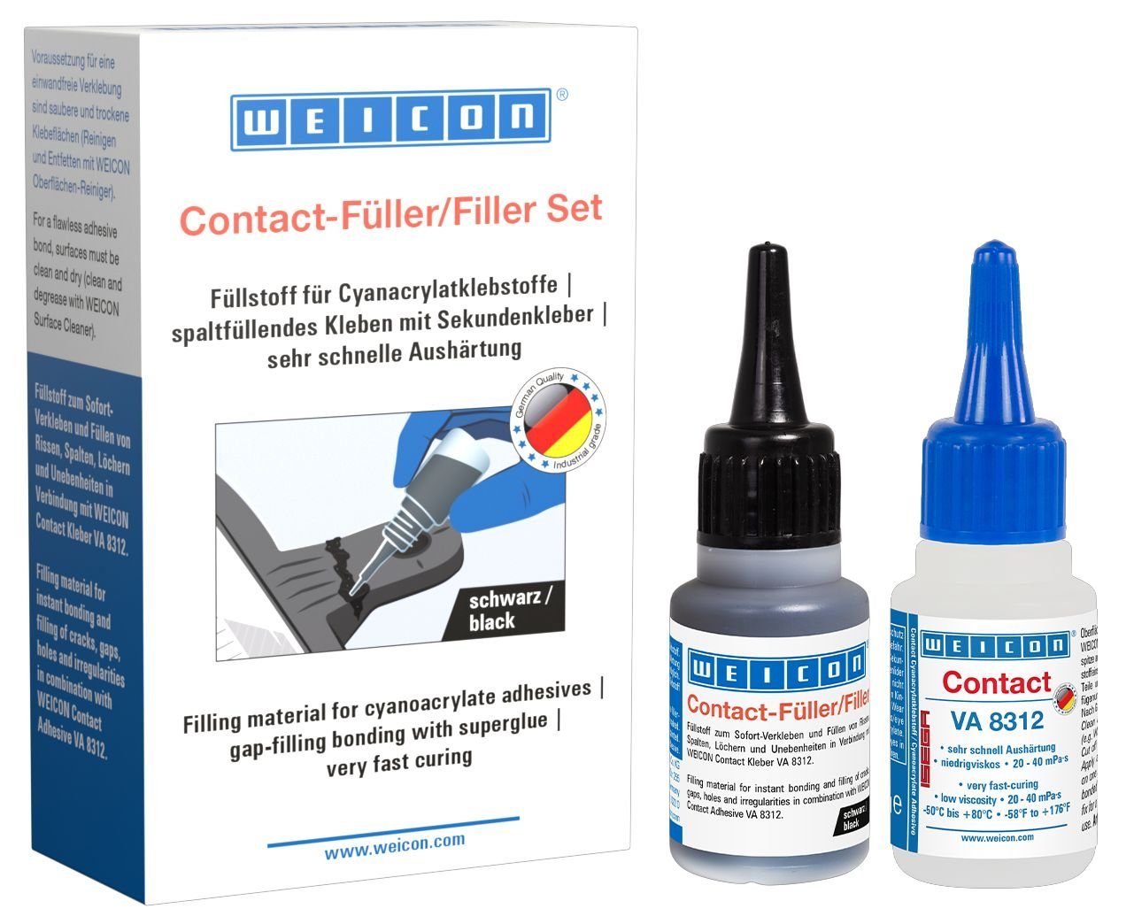 WEICON Klebstoff WEICON Contact-Füller Set, Spezialfüllstoff + Contact VA 8312, (Set), zum Sofort-Verkleben & Füllen von Rissen, Spalten, Löchern