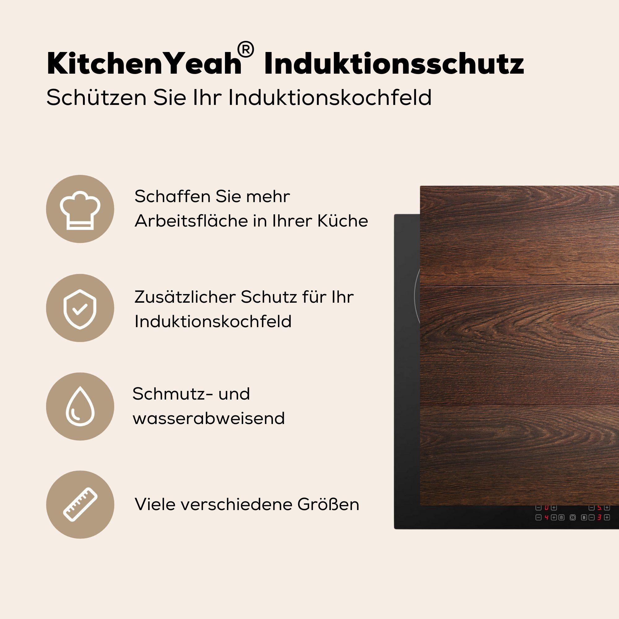 MuchoWow Herdblende-/Abdeckplatte Glatte dunkelbraune cm, (1 Holztextur, Vinyl, tlg), 81x52 die küche, Schutz Induktionskochfeld Ceranfeldabdeckung für