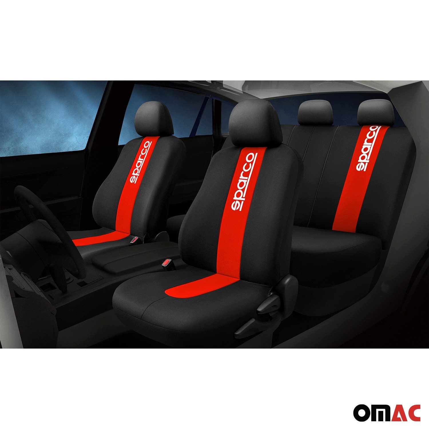 OMAC Autositzbezug SPARCO Schonbezüge Autositzbezüge Universell Schwarz Rot Vorne Hinten, Atmungsaktiv,kompatibel mit Seitenairbag