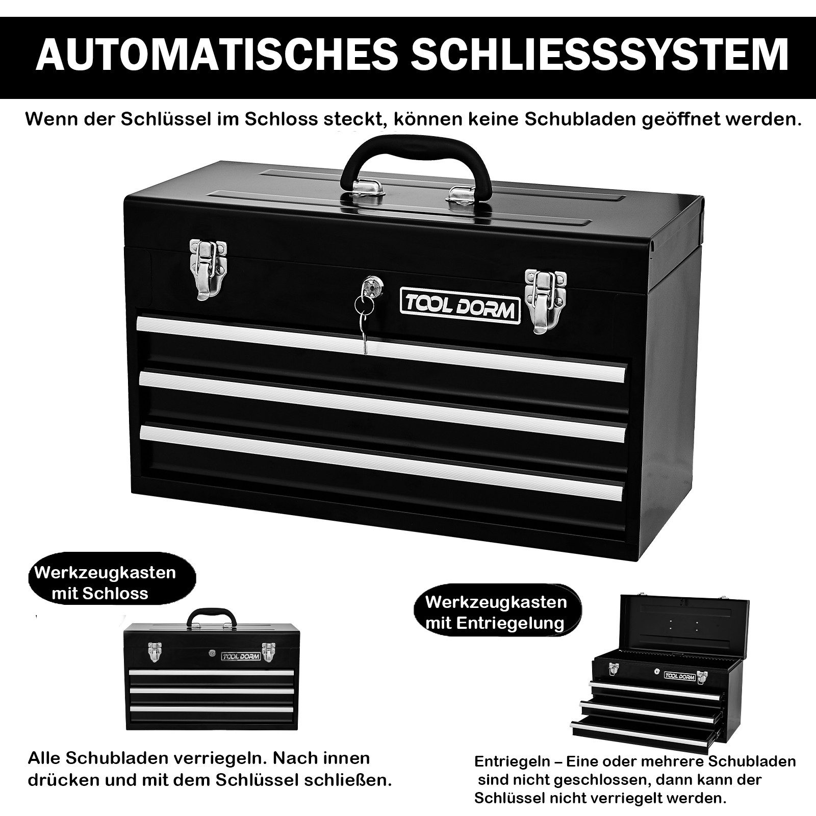 ANYSUN Werkzeugkoffer Werkzeugkasten aus Stahl mit Schubladen, 52 cm Metall Werkzeugkoffer (mit 3/4 Ebenen, Schloss & Matten), für Garage, Haus & Werkstatt