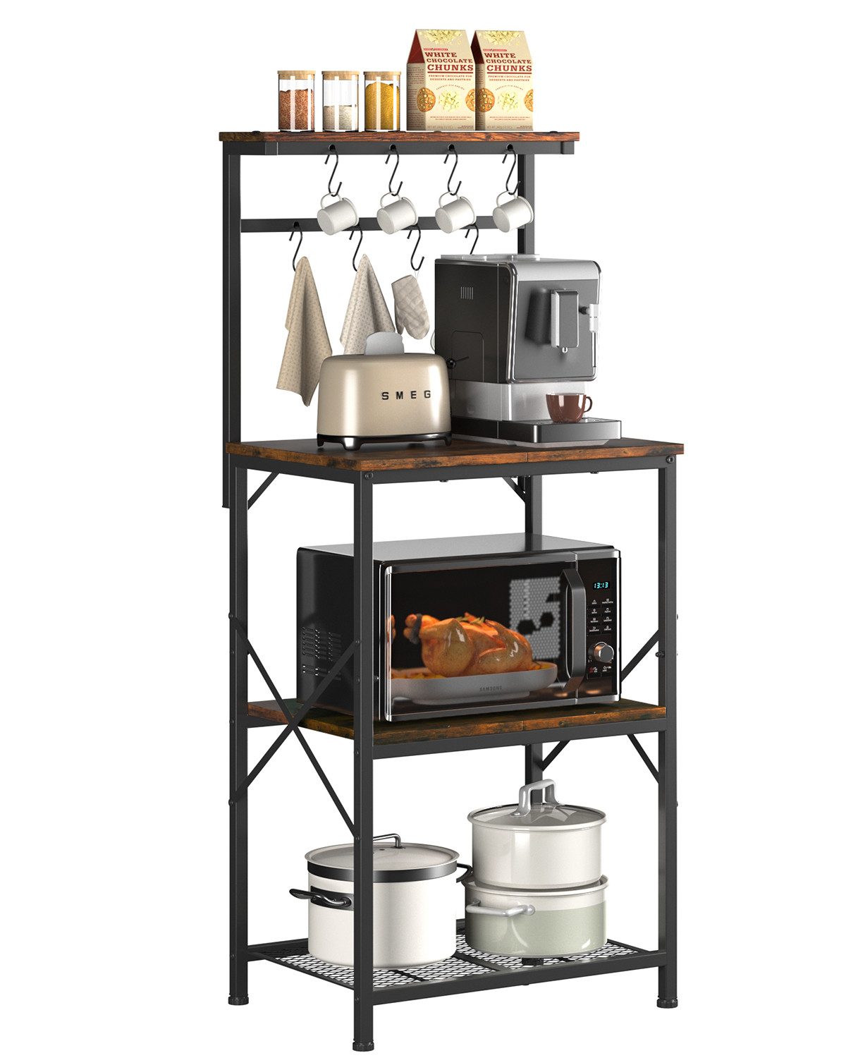 COMHOMA Küchenregal Regal Standregal Mikrowellen Regal für Küche Gewürzregal Bücherregal, mit Anti-Kipp-Schutz, Shrank mit 4 Ablagen, 8 S-Haken, Metallrahmen