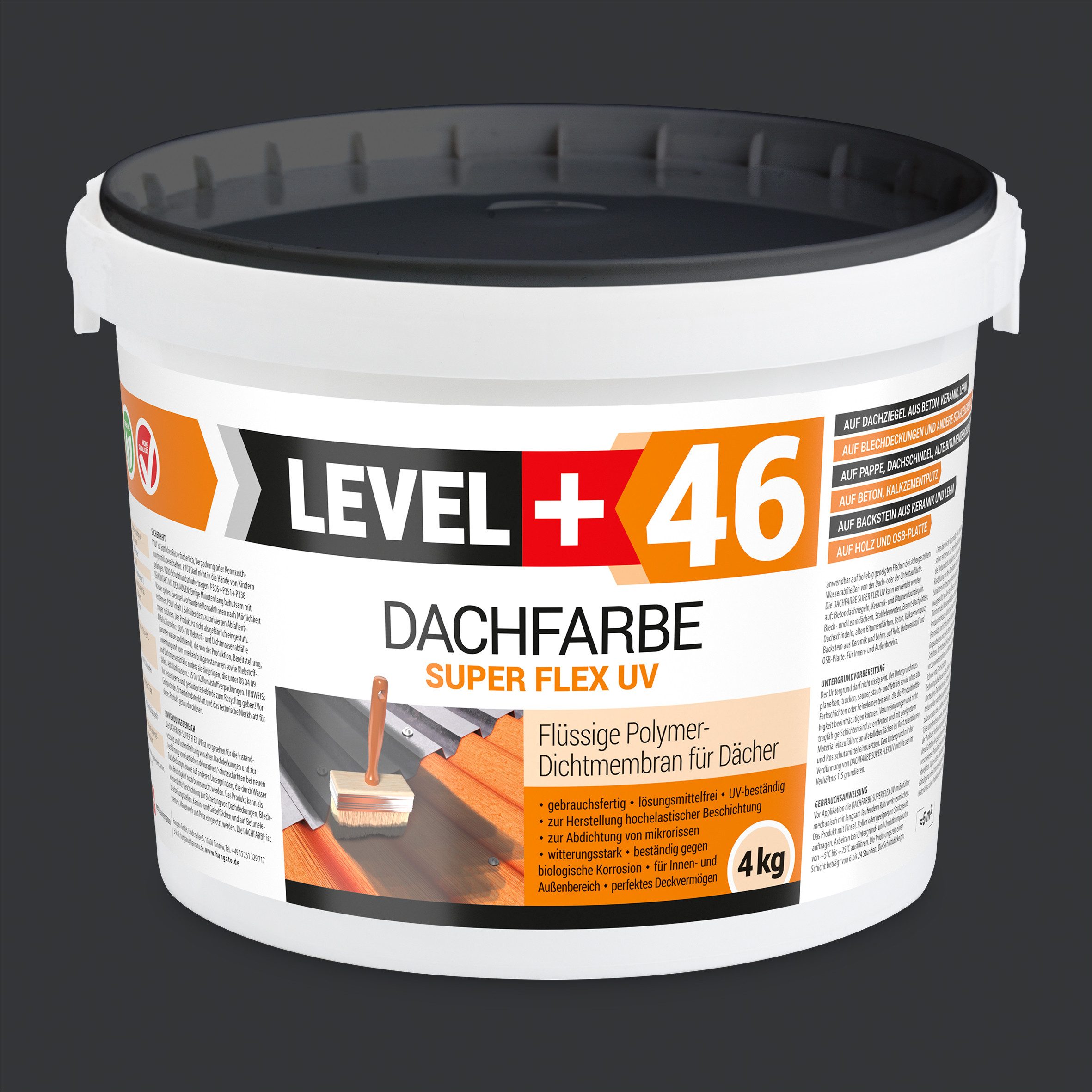 Level+ Dachfarbe Dachfarbe Sockelfarbe elastische L+46 ANTHRAZIT - 4KG + Farbroller