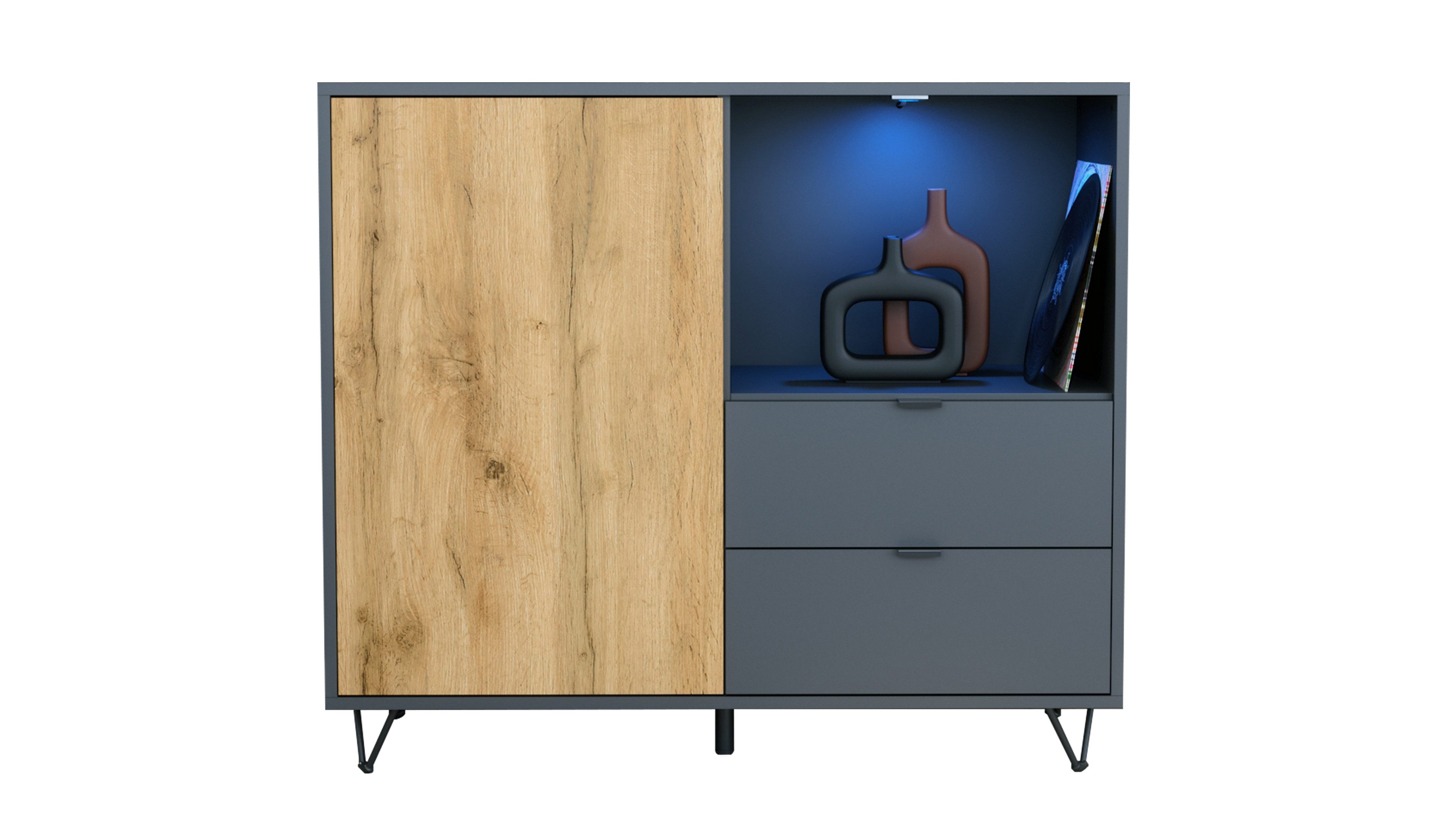 Vladon Kommode Marino (Kommode mit 1 Tür Eiche Evoke, 2 Schubladen Anthrazit matt, inkl. LED, Made in Germany), Korpus Anthrazit matt (103 x 90,5 x 37 cm)