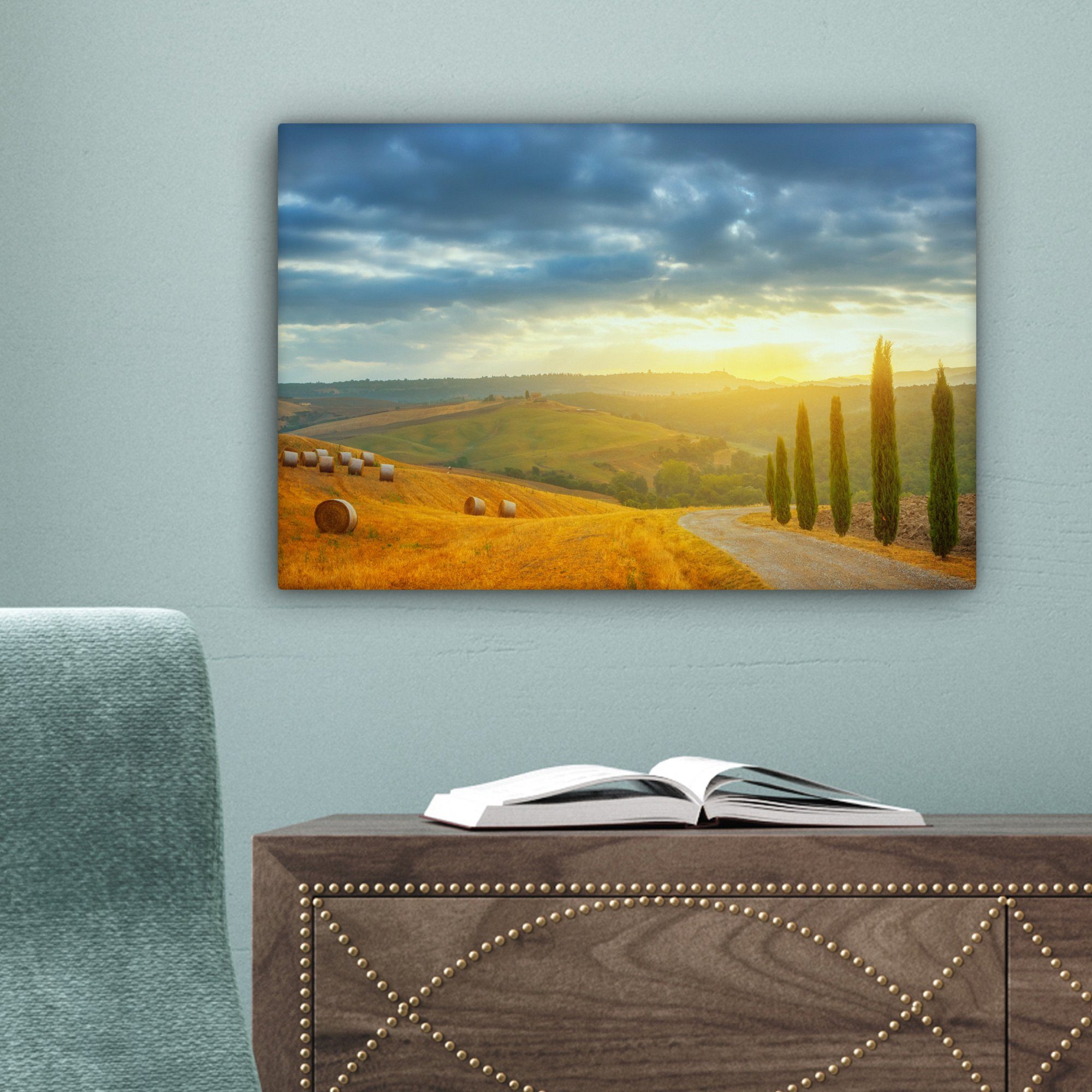 Wanddeko, Aufhängefertig, - Leinwandbilder, Toskana Heuballen (1 OneMillionCanvasses® 30x20 St), Leinwandbild cm - Wandbild Sonne,