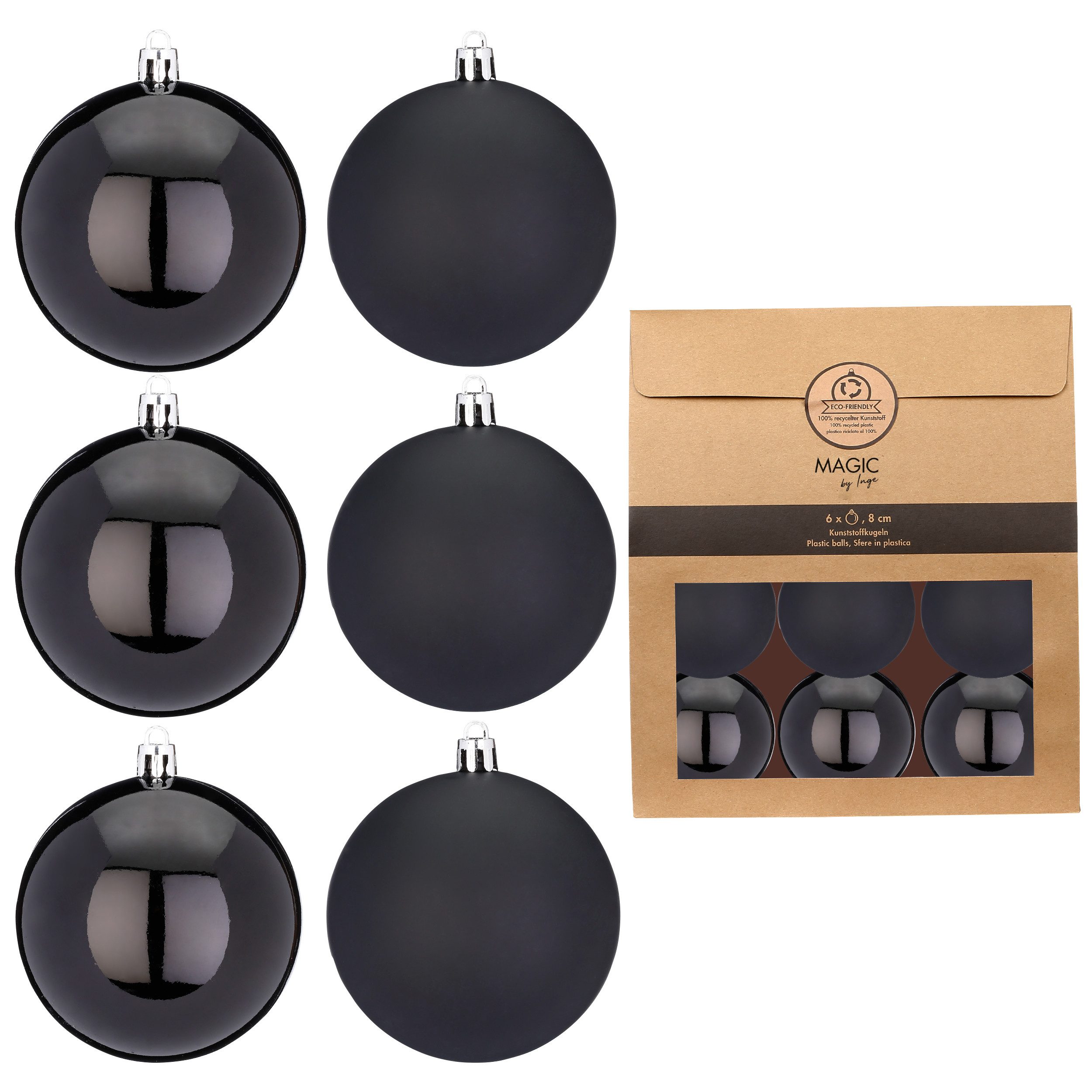 INGE-GLAS® Weihnachtsbaumkugel Christbaumkugeln Weihnachtskugeln Kunststoff Ø 8 cm 6 Stück black