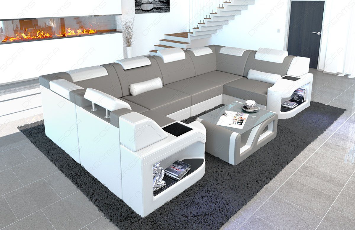 mit Form Sofa Polster U Bettfunktion Mikrofaser Stoffsofa Padua Couch M wahlweise Stoff Wohnlandschaft Sofa, Design Dreams hellgrau-weiß