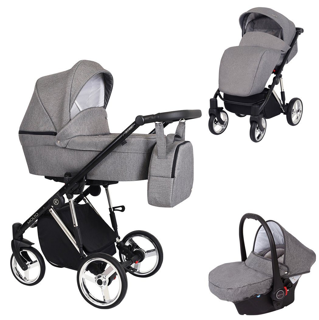 babies-on-wheels Kombi-Kinderwagen Molto Edition 3 in 1 inkl. Autositz -13 Teile- von Geburt bis 4 Jahre Grau = Gestell verchromt