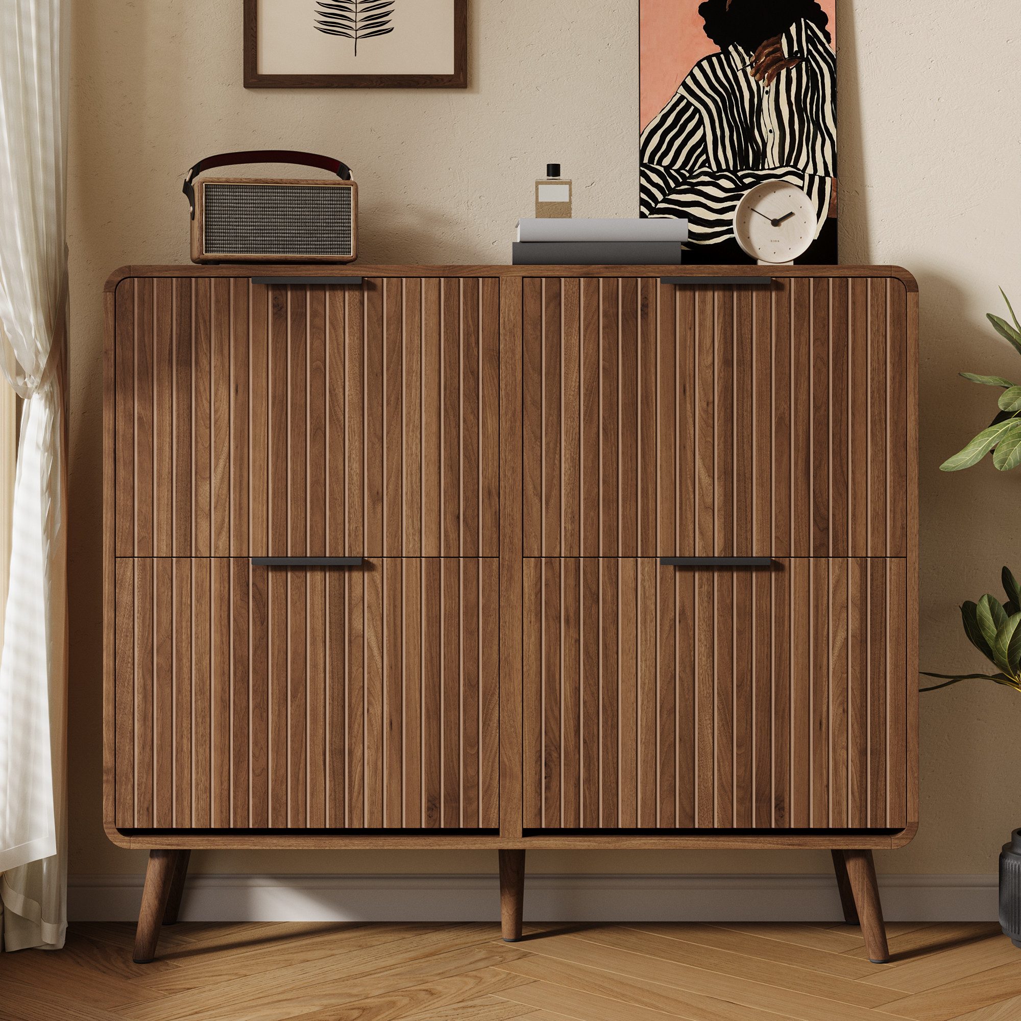 Merax Schuhschrank in Walnussholz-Optik, Flurschrank mit Massivholzbeinen (105 x 24 x 90 cm, 1-St., Schuhregal für 18–24 Paar Schuhe) Schuhkommode mit Klapptüren, doppelstöckiges Design & Stauraum