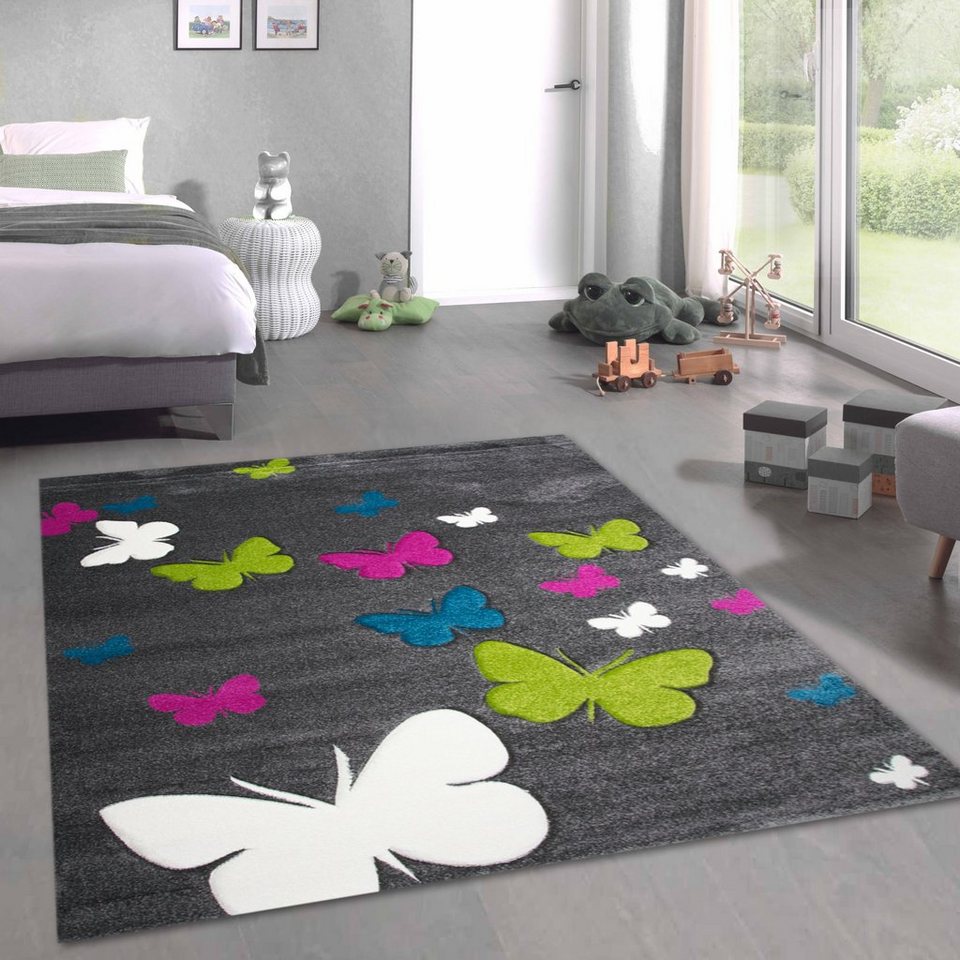 Kinderteppich Niedlicher Schmetterlings-Teppich für Kinderzimmer in grau,  Carpetia, rechteckig, Höhe: 13 mm