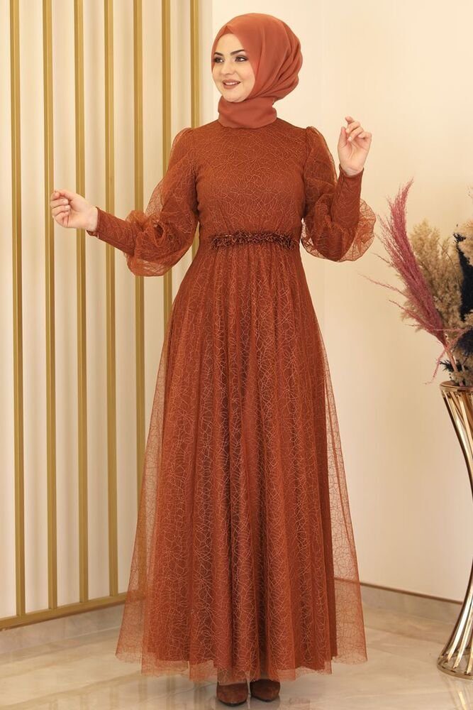 Modavitrini Abendkleid silbriges Tüllkleid Abiye Abaya Hijab Kleid langärmliges Maxikleid Ziegelsteinrot