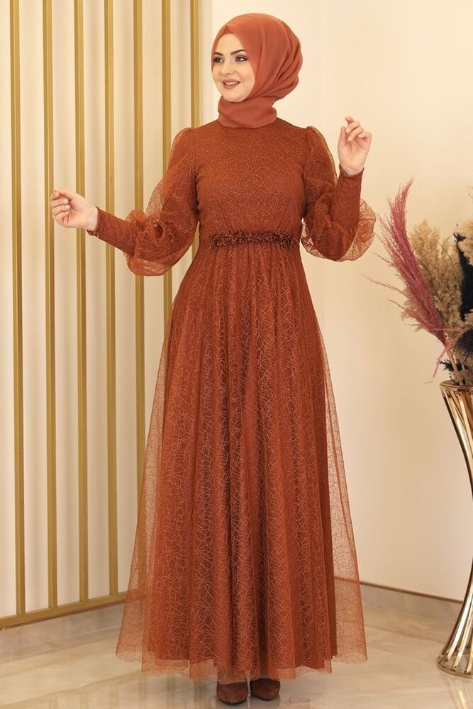 fashionshowcase Abendkleid silbriges Tüllkleid Abiye Abaya Hijab Kleid Maxikleid (SIMLI GAMZE) (ohne Hijab) Hoher Kragen, kein Ausschnitt.