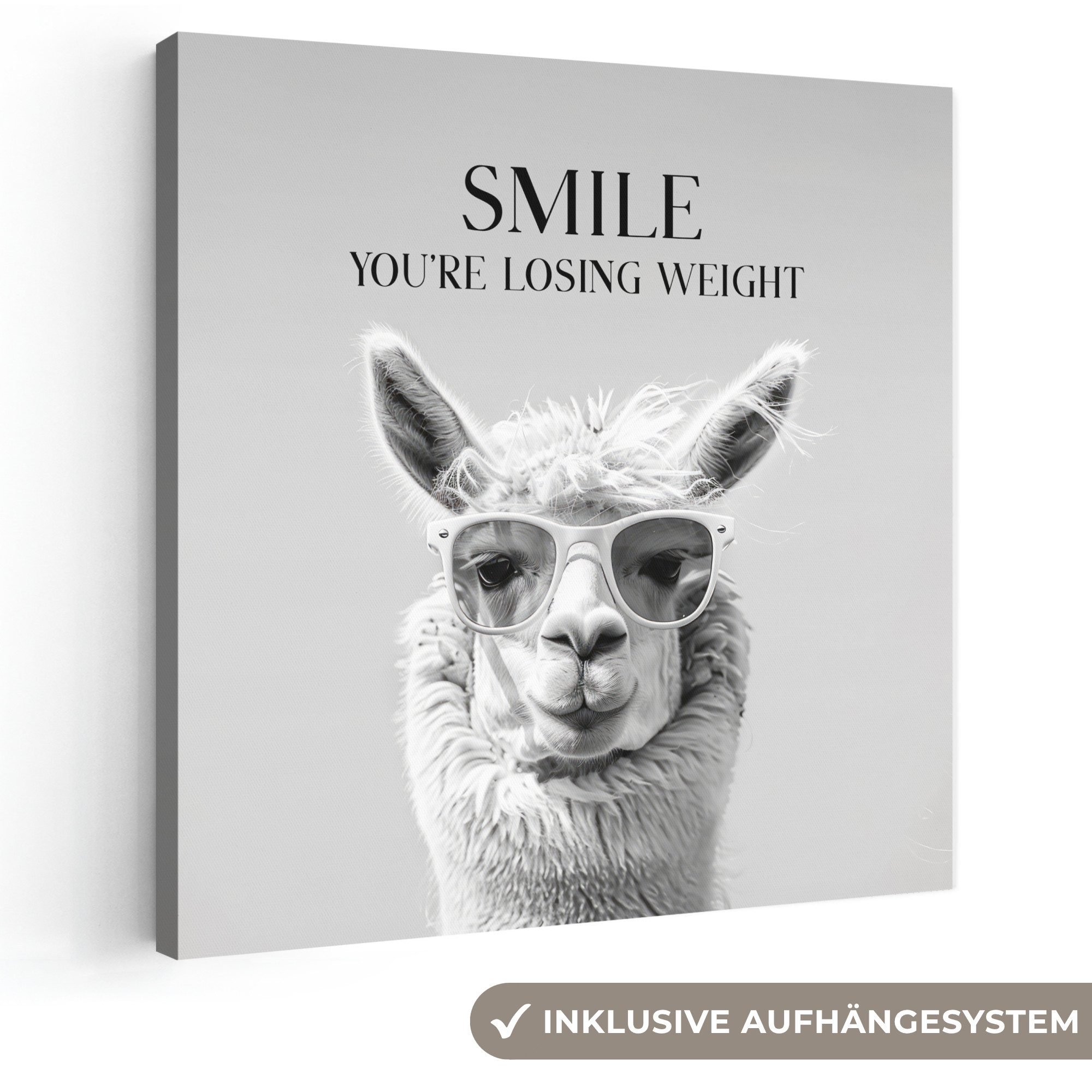 OneMillionCanvasses® Leinwandbild Zitat - Lama - Smile - Sprüche - Grau, Fotodruck (1 St), Wandbild, Deko Schlafzimmer Wohnzimmer Flur 20x20 cm