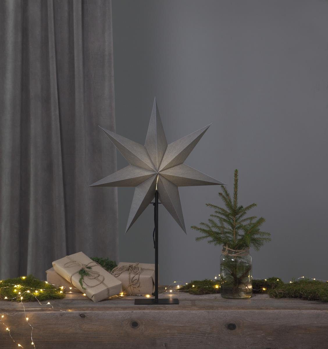 STAR TRADING LED grau 7-zackig Stern Kabel Papierstern 75cm stehend E14 inkl. Weihnachtsstern