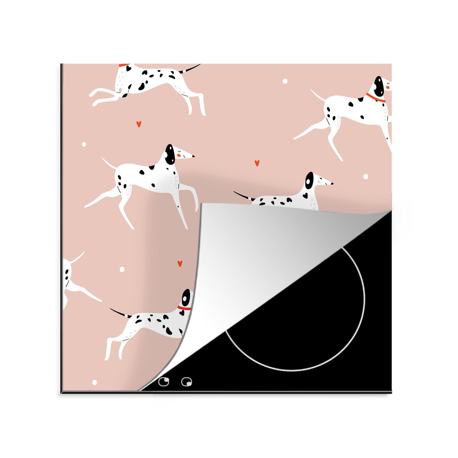 für vor (1 mit einem cm, küche Vinyl, laufenden tlg), 78x78 MuchoWow Ceranfeldabdeckung, Hunde-Illustration rosa, Dalmatinern Herdblende-/Abdeckplatte Arbeitsplatte